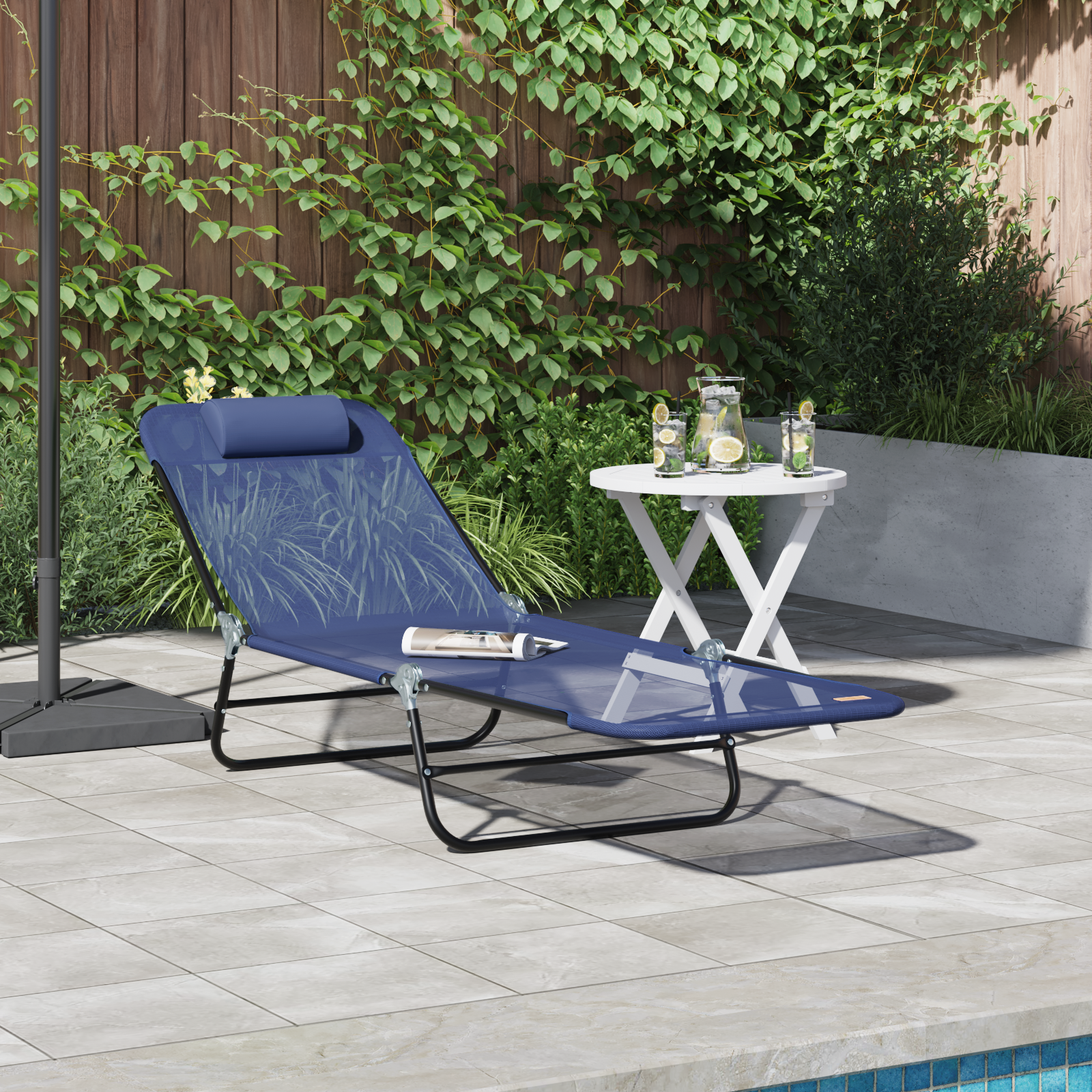Folding Sun Lounger with Headrest Navy Textilene