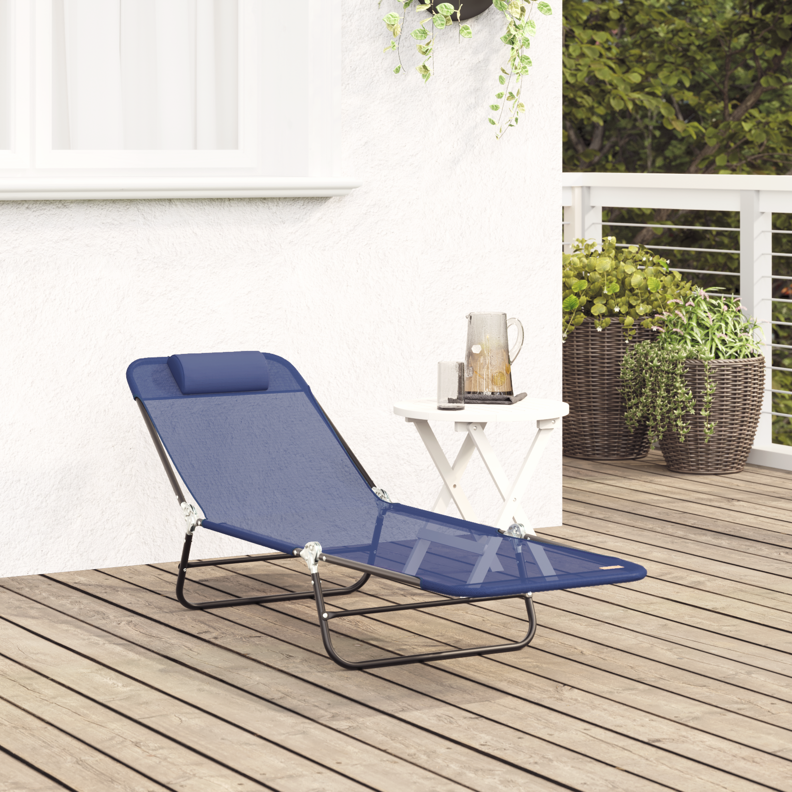Folding Sun Lounger with Headrest Navy Textilene - Image 3