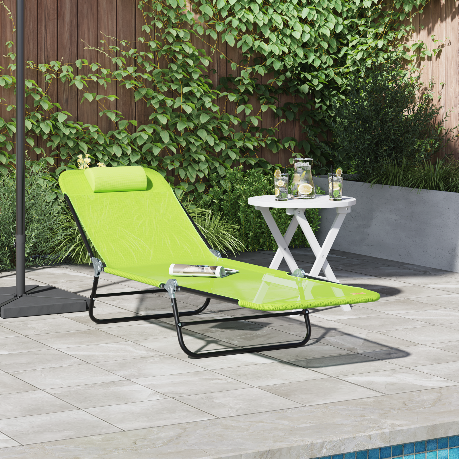 Folding Sun Lounger with Headrest Green Textilene