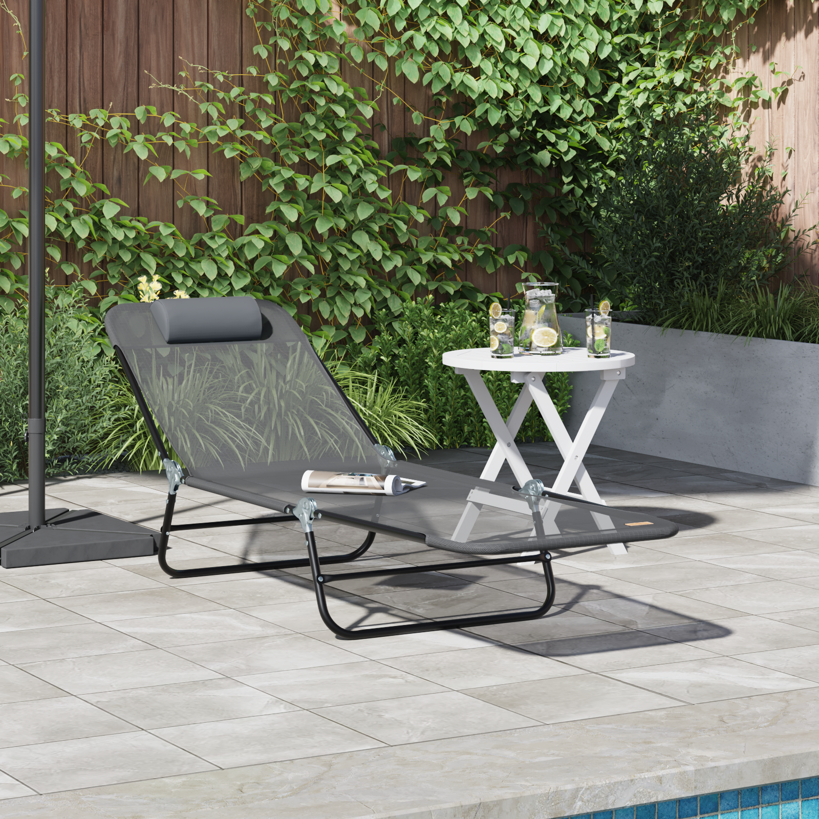 Folding Sun Lounger with Headrest Grey Textilene