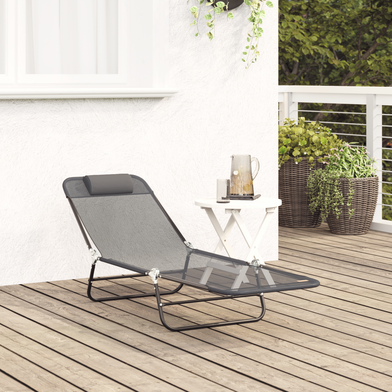 Folding Sun Lounger with Headrest Grey Textilene - Image 3