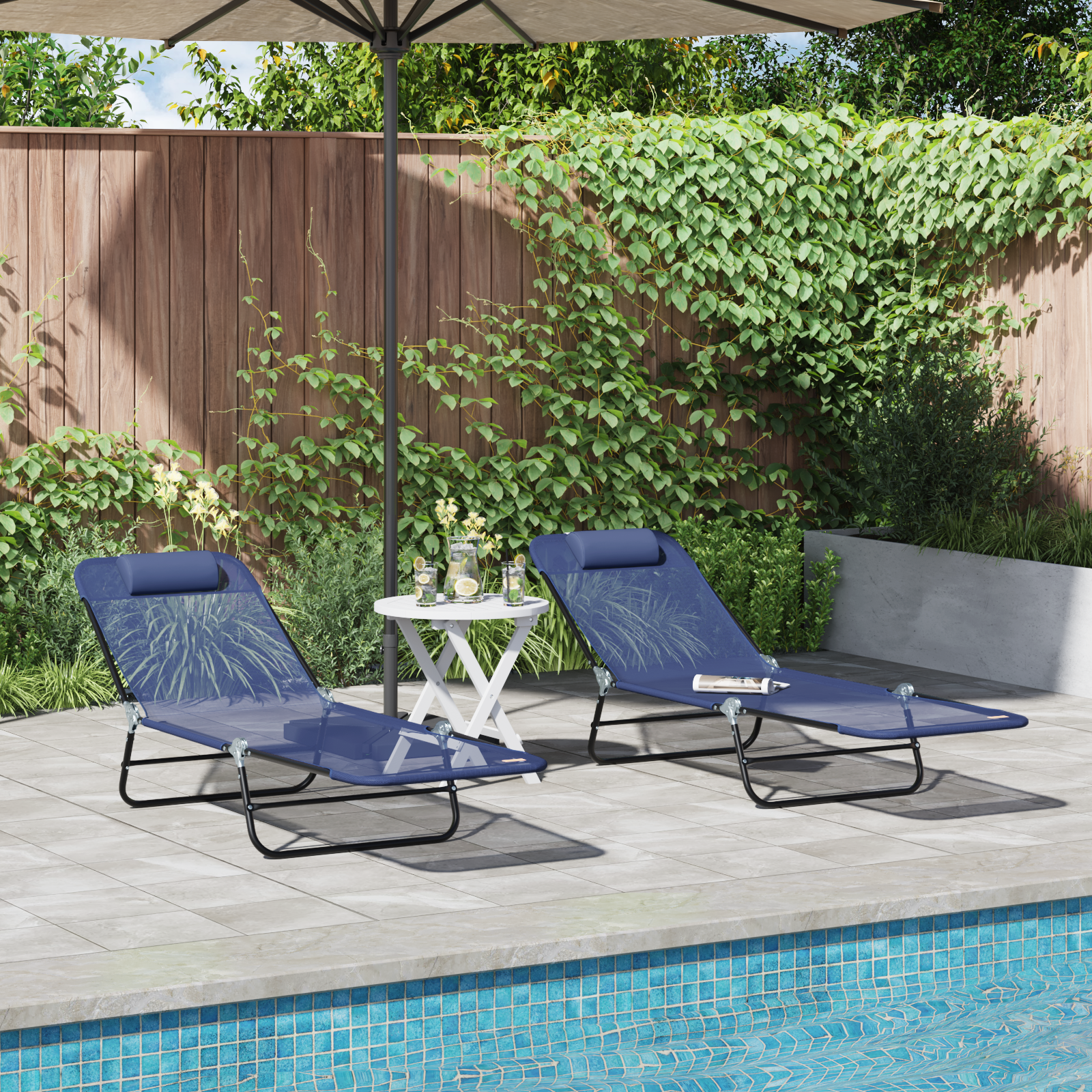 Folding Sun Loungers 2 pcs with Headrest Navy Textilene