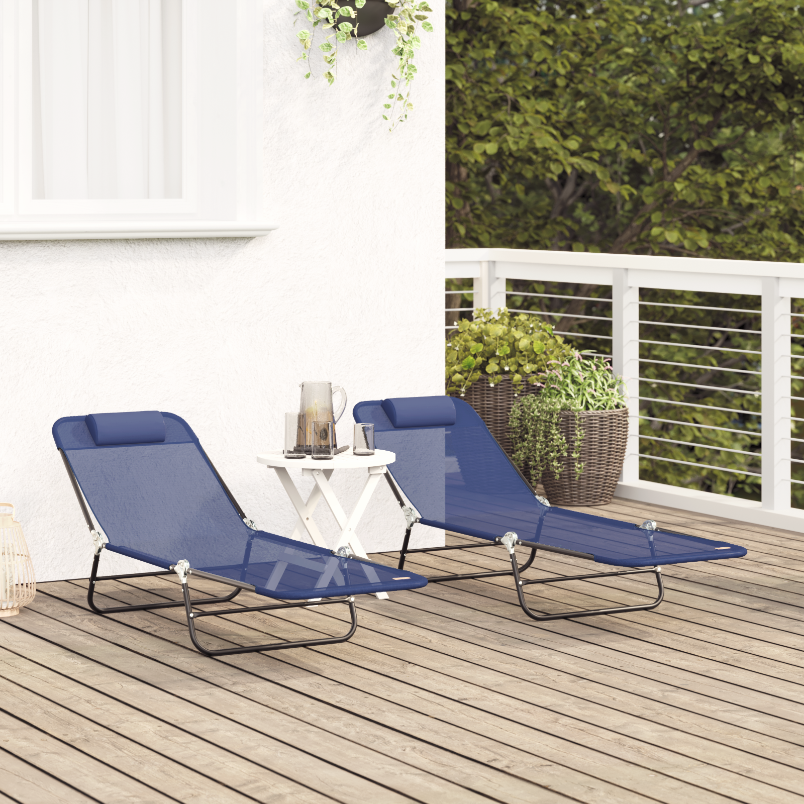 Folding Sun Loungers 2 pcs with Headrest Navy Textilene - Image 3
