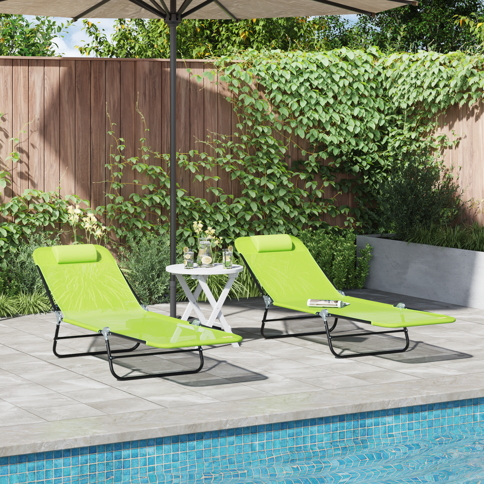 Folding Sun Loungers 2 pcs with Headrest Green Textilene