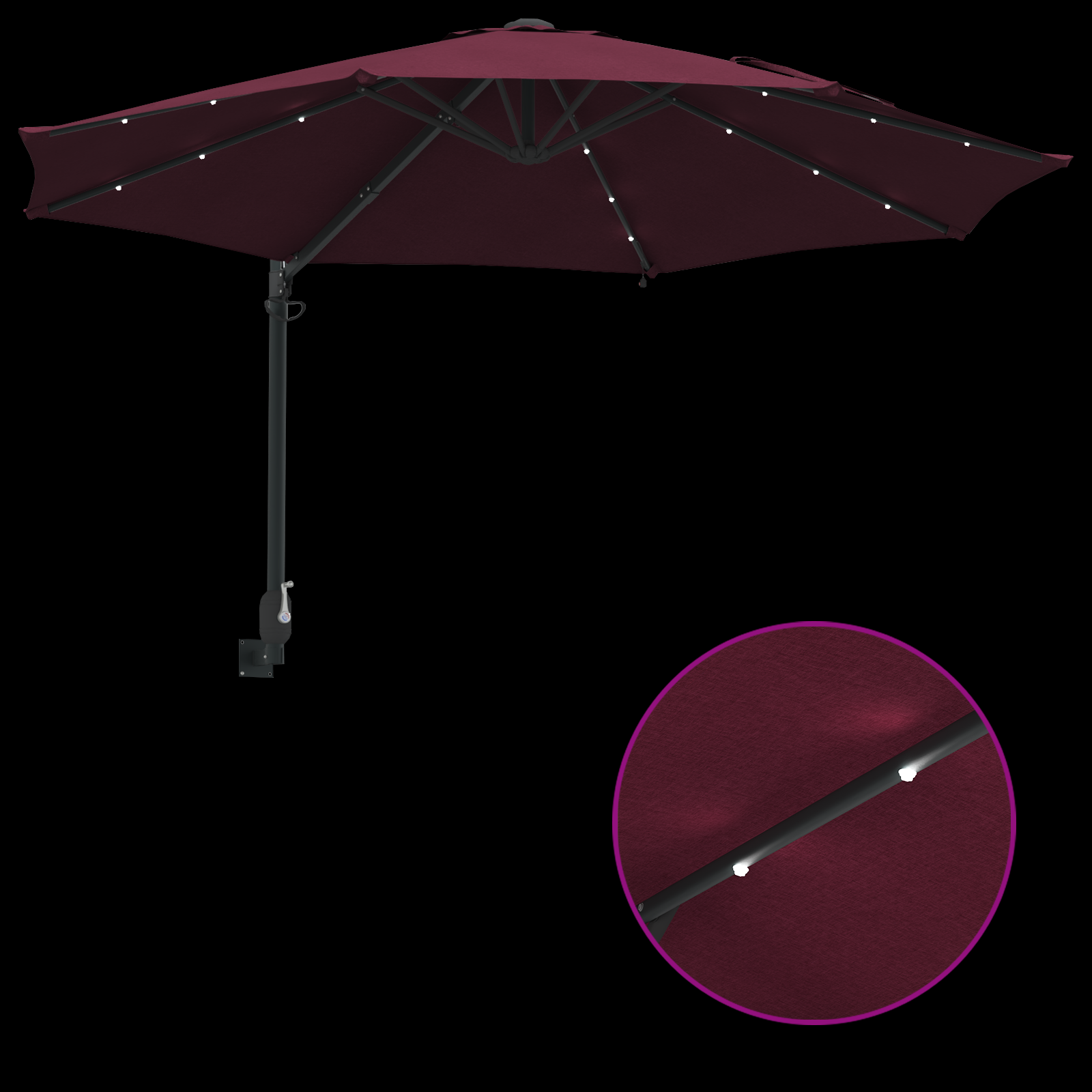 Wall-mounted Garden Parasol with LEDs Bordeaux Red 248 cm - Image 9