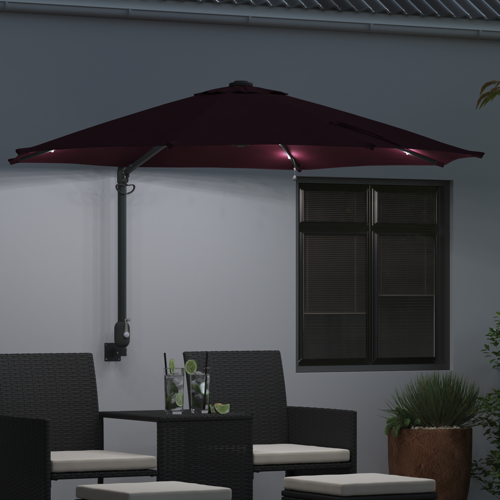 Wall-mounted Garden Parasol with LEDs Bordeaux Red 248 cm - Image 3