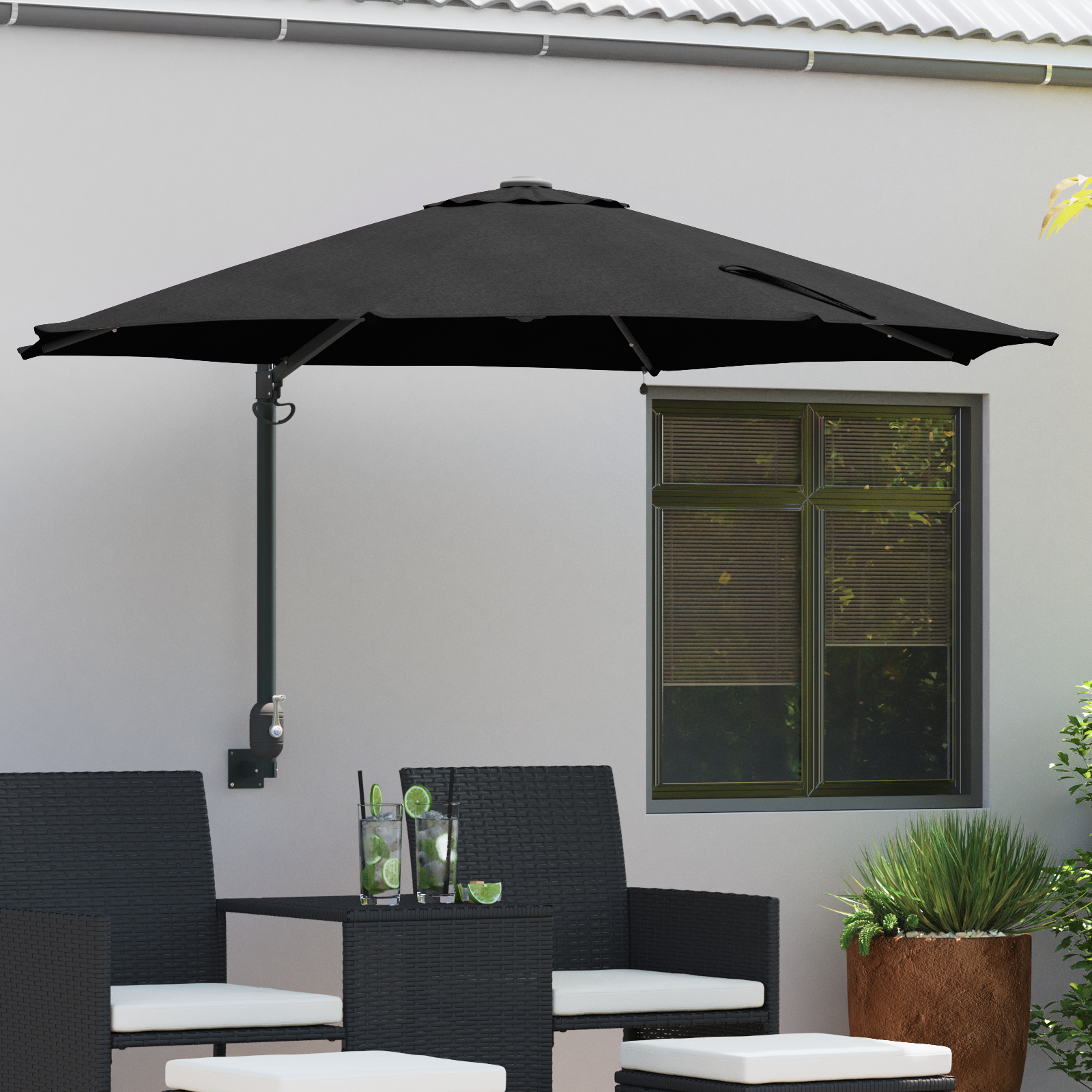 Wandmontage Tuinparasol met LED’s Zwart 248 cm