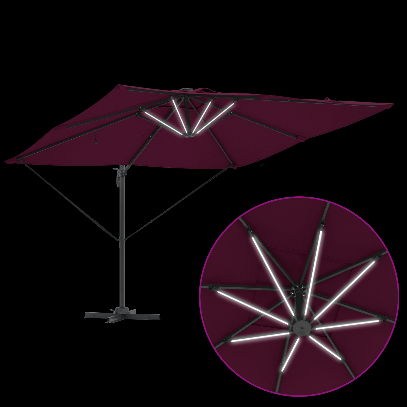 Cantilever Roma Parasol with LEDs Bordeaux Red 286x285x270 cm Aluminium - Image 10