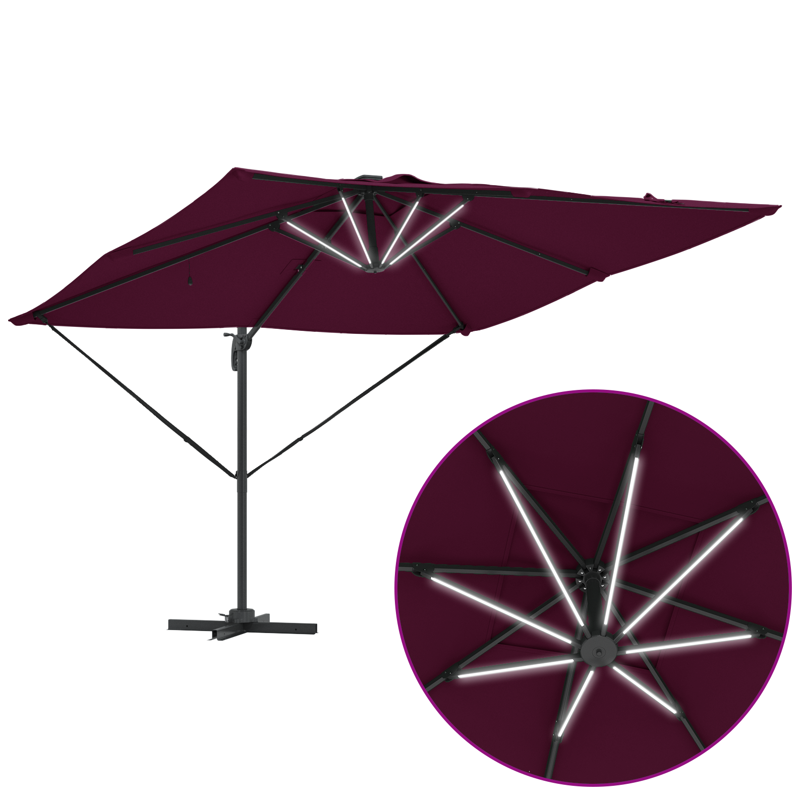 Cantilever Roma Parasol with LEDs Bordeaux Red 286x285x270 cm Aluminium - Image 11