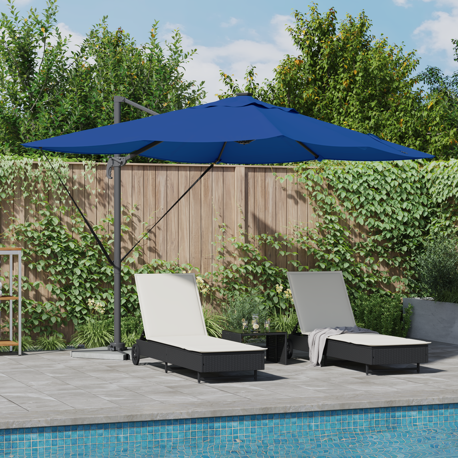 Cantilever Roma Parasol met LEDs – Azure Blauw – 352x251x265 cm – Aluminium