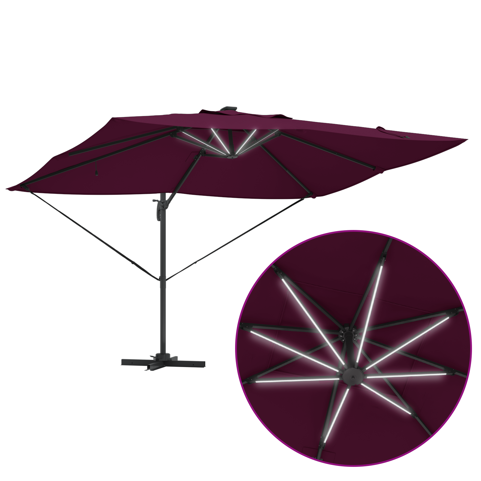Cantilever Roma Parasol with LEDs Bordeaux Red 352x251x265 cm Aluminium - Image 11