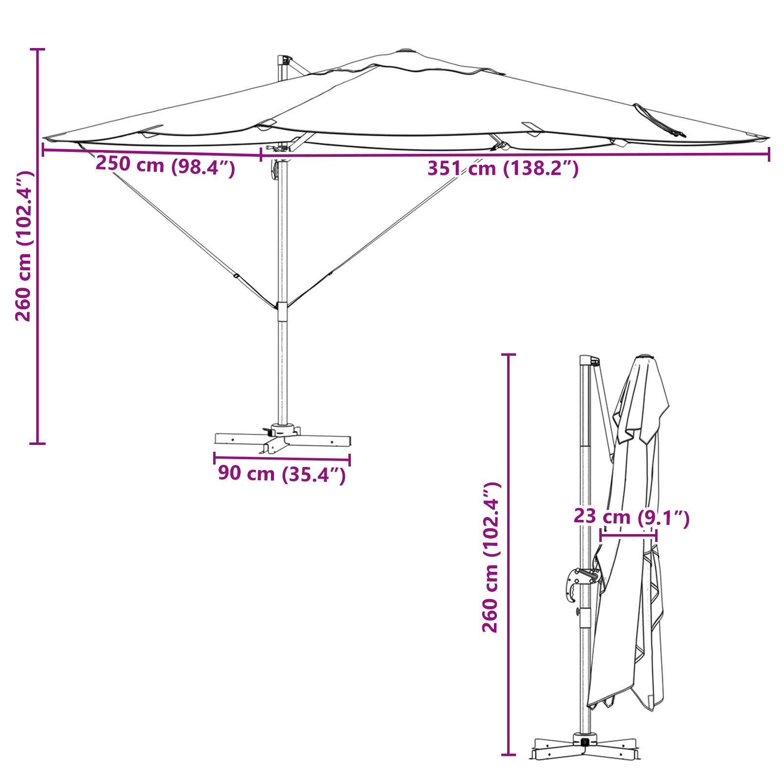 Parasol Zwart 351 x 250 x 260 cm Polyester en Aluminium