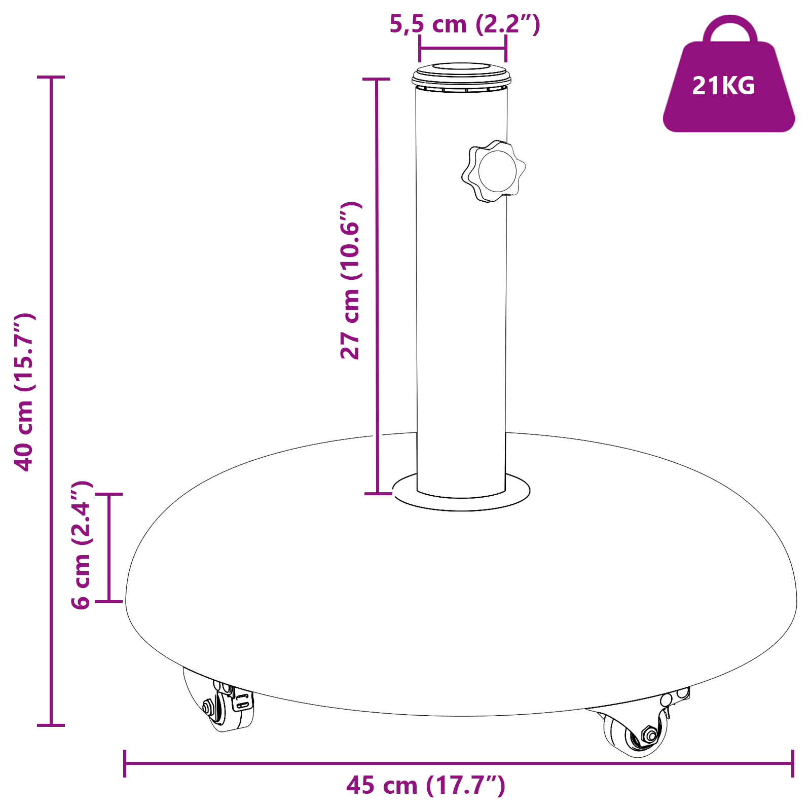 Parasolvoet met wielen voor 37/42/52/58mm stokken - Geel Beton image 12