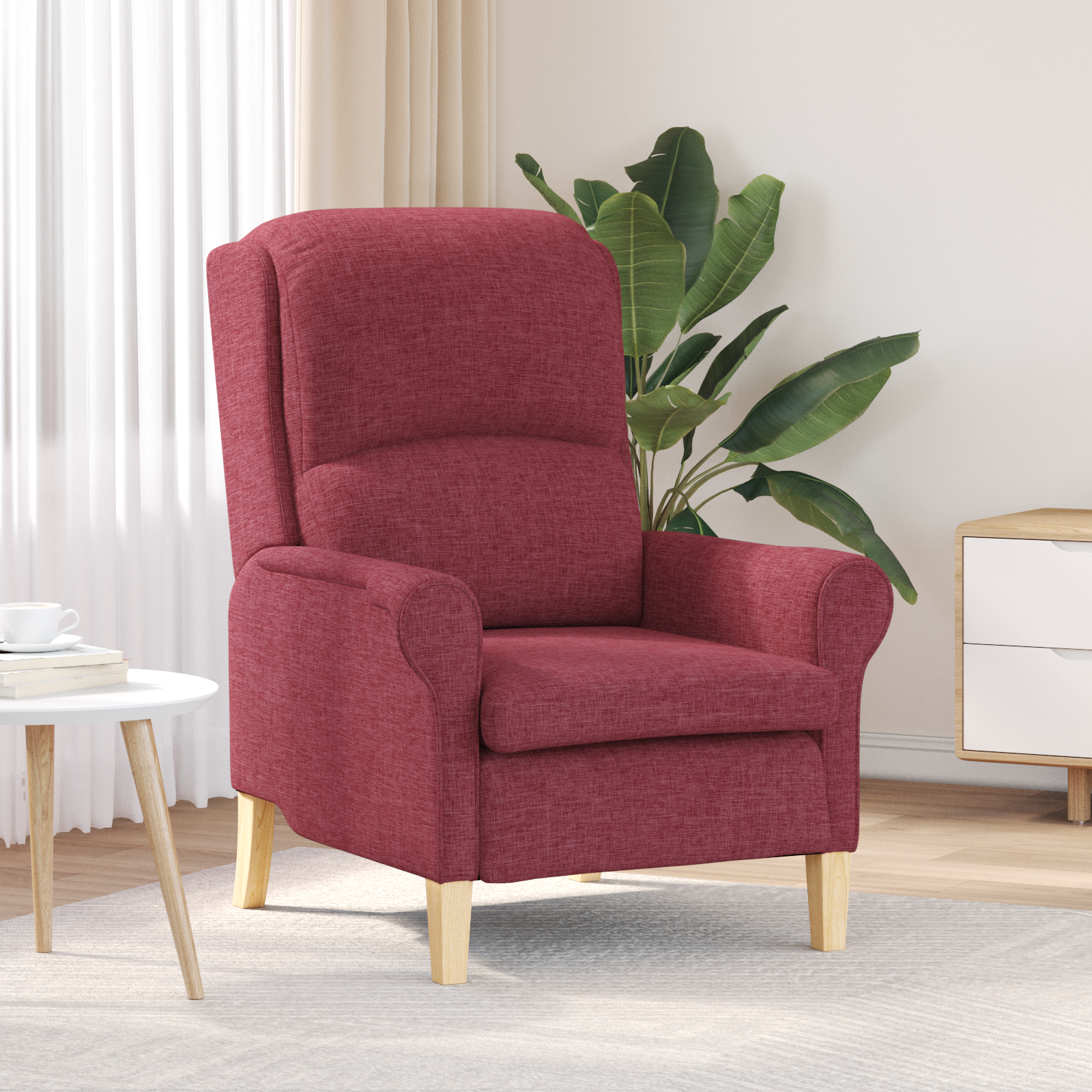 Modern Armchair Wine Red Polyester Fabric with Wooden Frame Medium