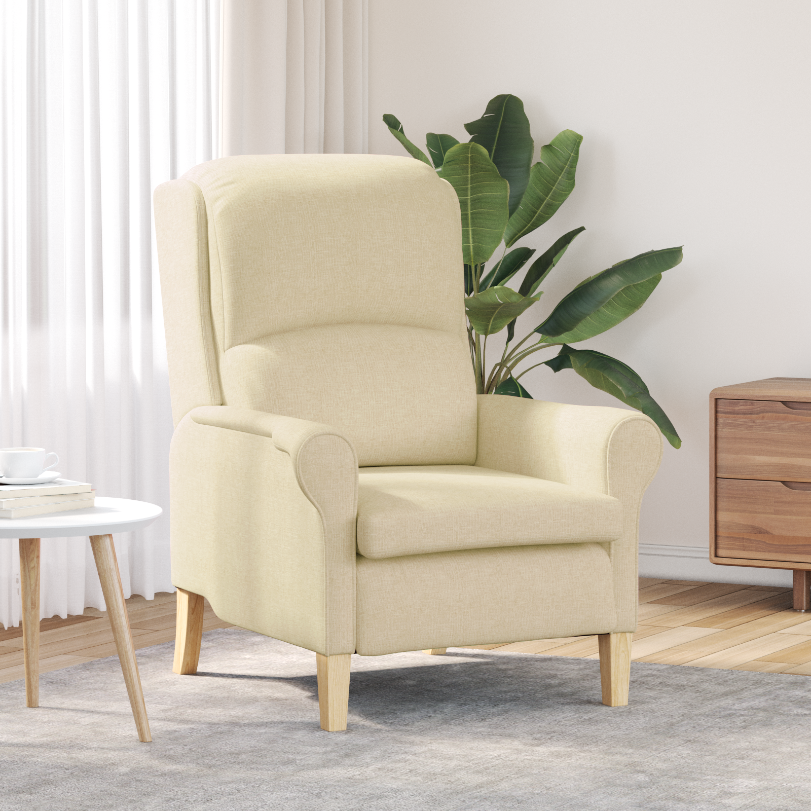 Modern Armchair Cream Fabric and Wood Medium Cream Armchair