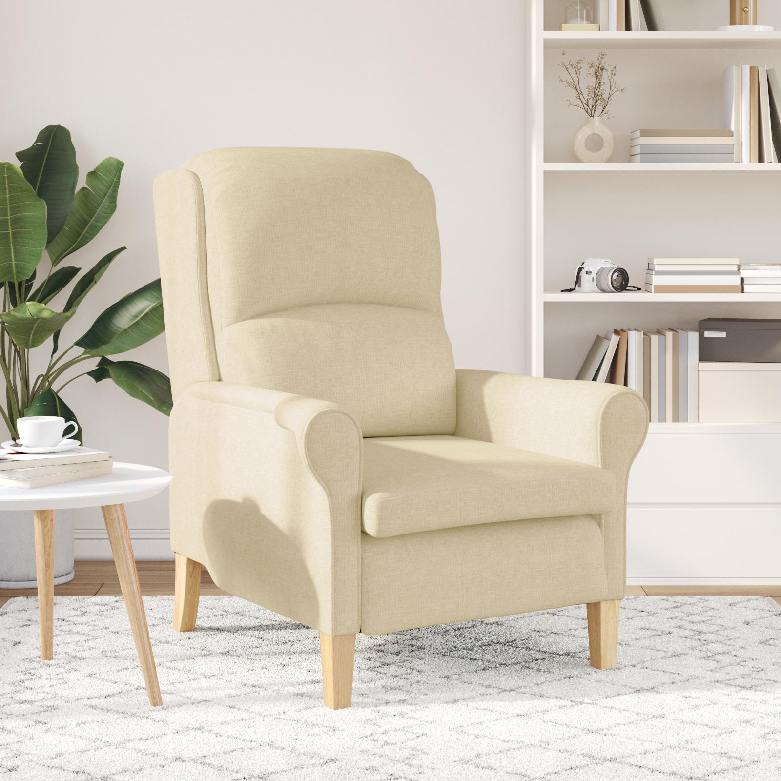 Modern Armchair Cream Fabric and Wood Medium Cream Armchair - Image 3