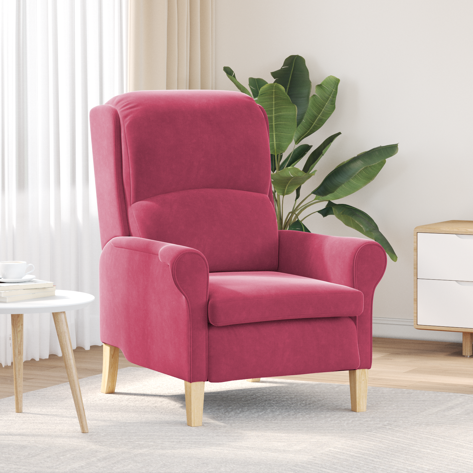 Wine Red Armchair Wine red Polyester fabric with wooden legs