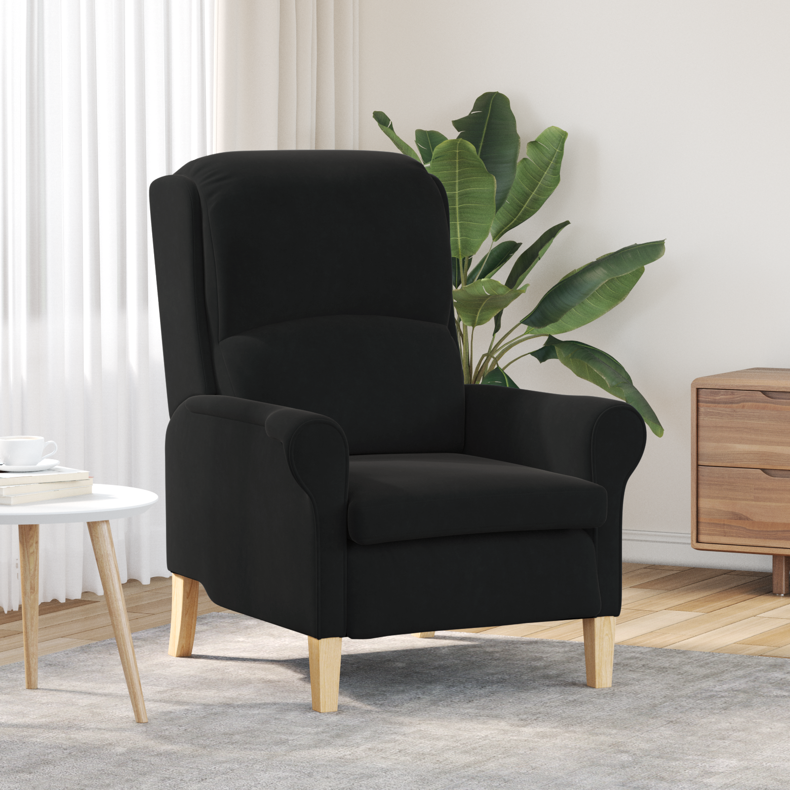 Black Armchair Black Fabric, Wood Standard Ergonomic