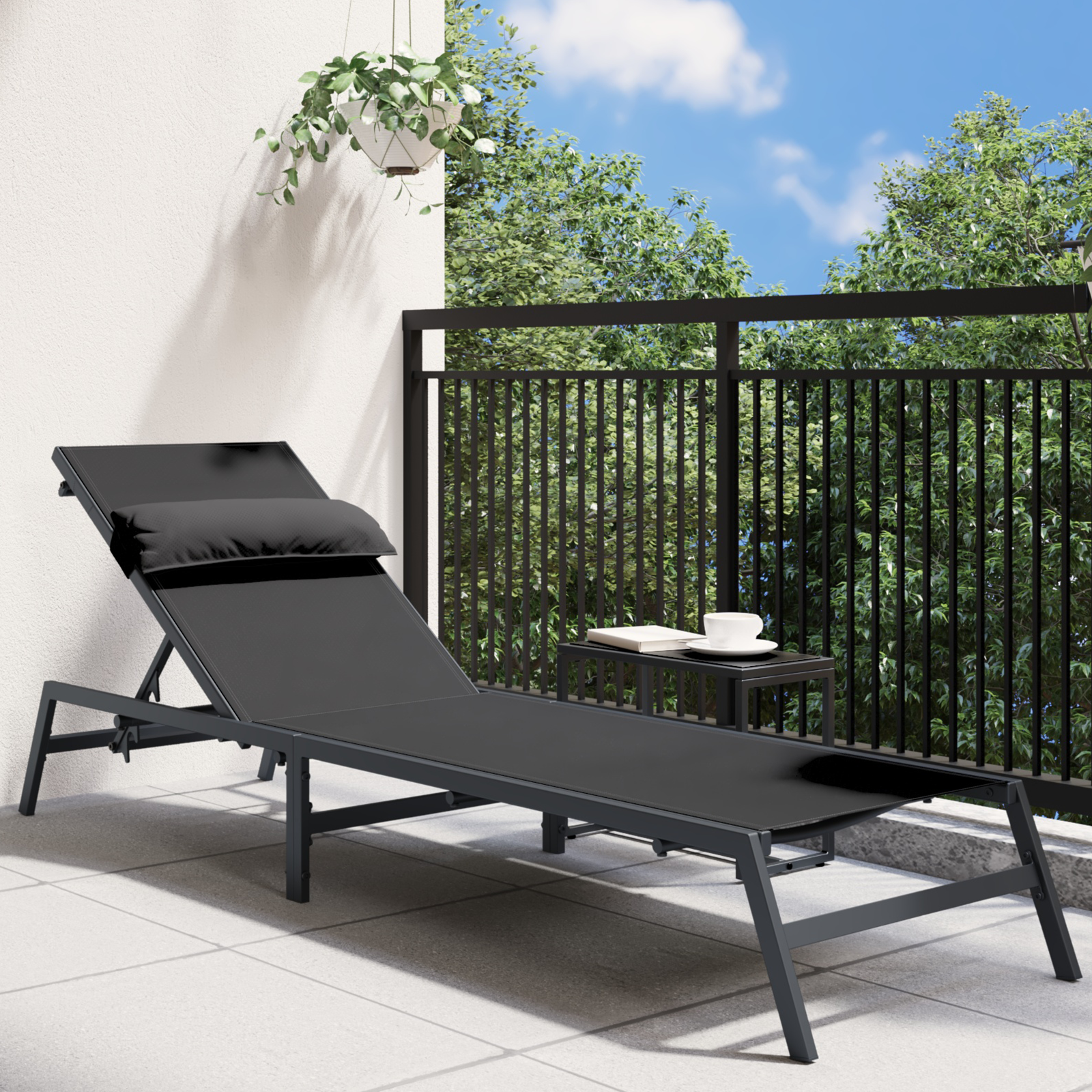 Sun Lounger Black Steel, Textilene Single Adjustable Armrests - Image 3