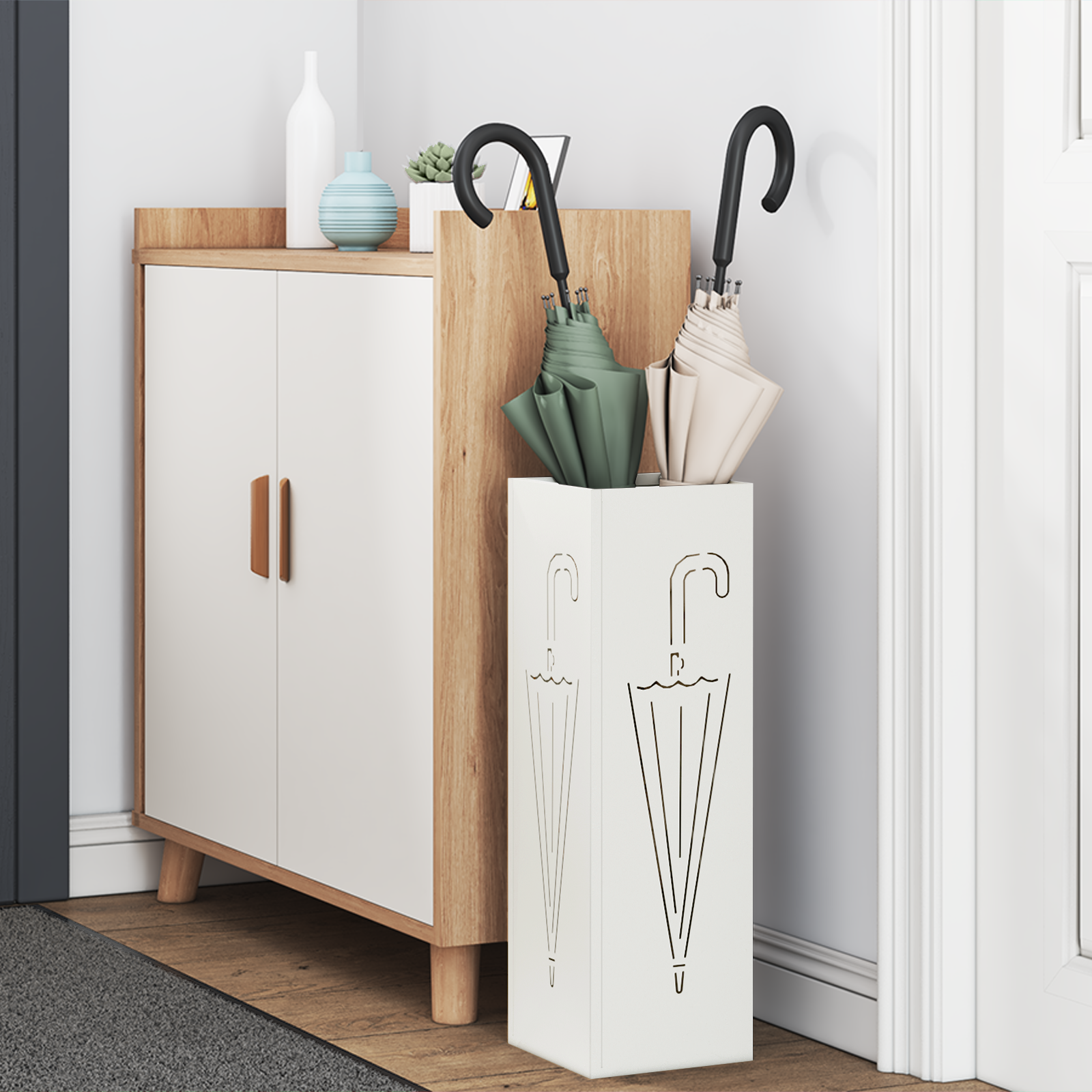 Umbrella Stand White Metal Compact Umbrella Stand Rectangular - Image 3