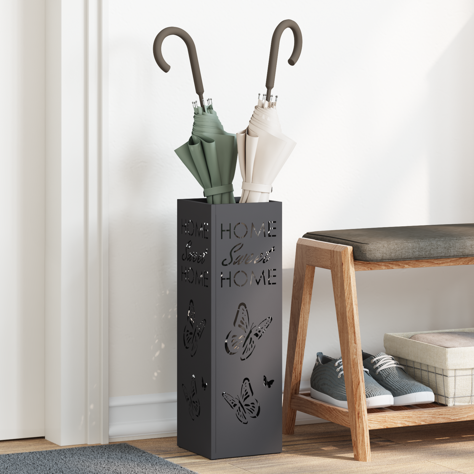 Parapluhouder Zwart Metaal Standaard Decoratieve Inzetten
