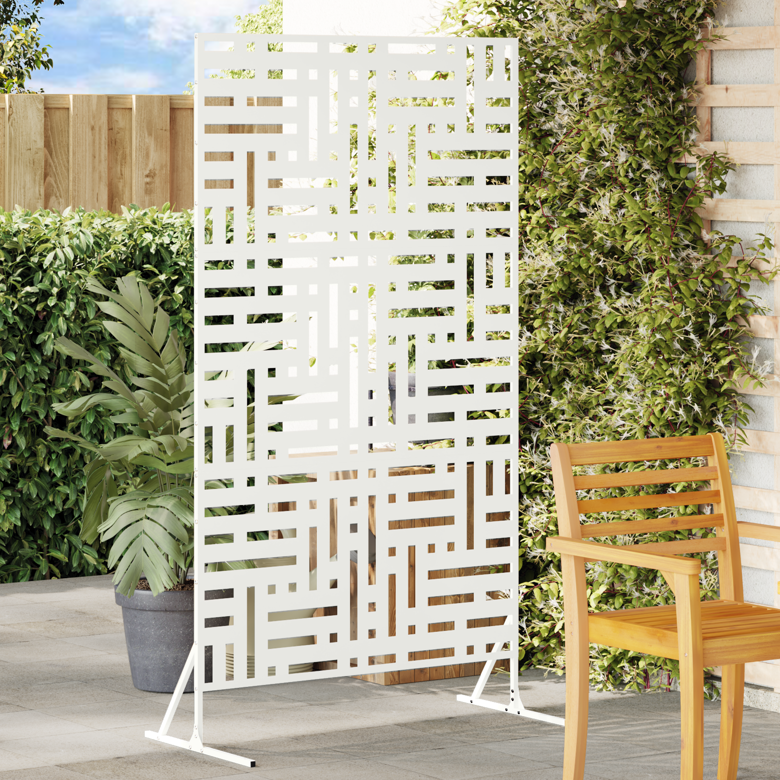 Large Metal Fence Panel White Powder-Coated Steel Decorative Inlays