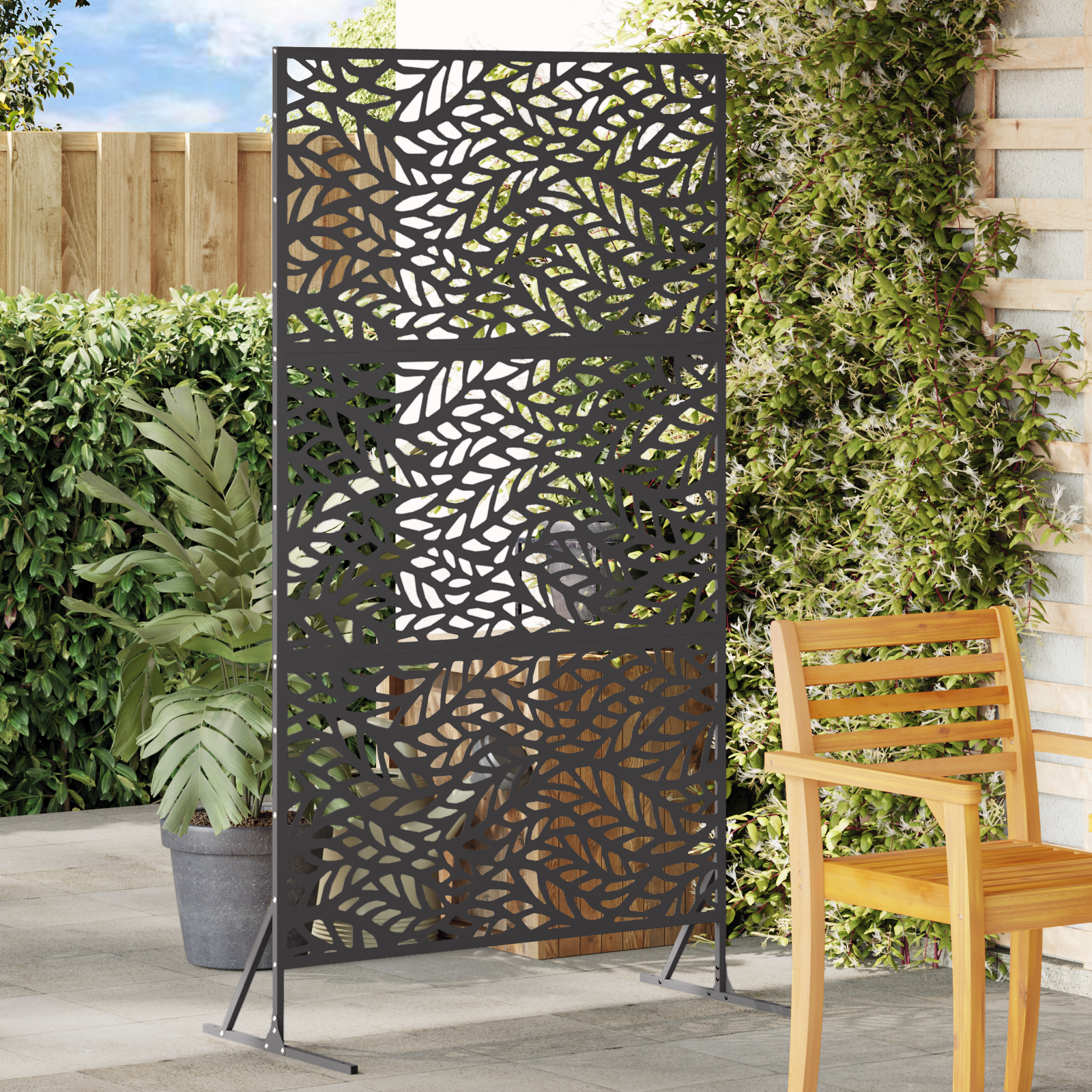 Metal Fence Panel Black Powder-Coated Steel Large Leaf Pattern