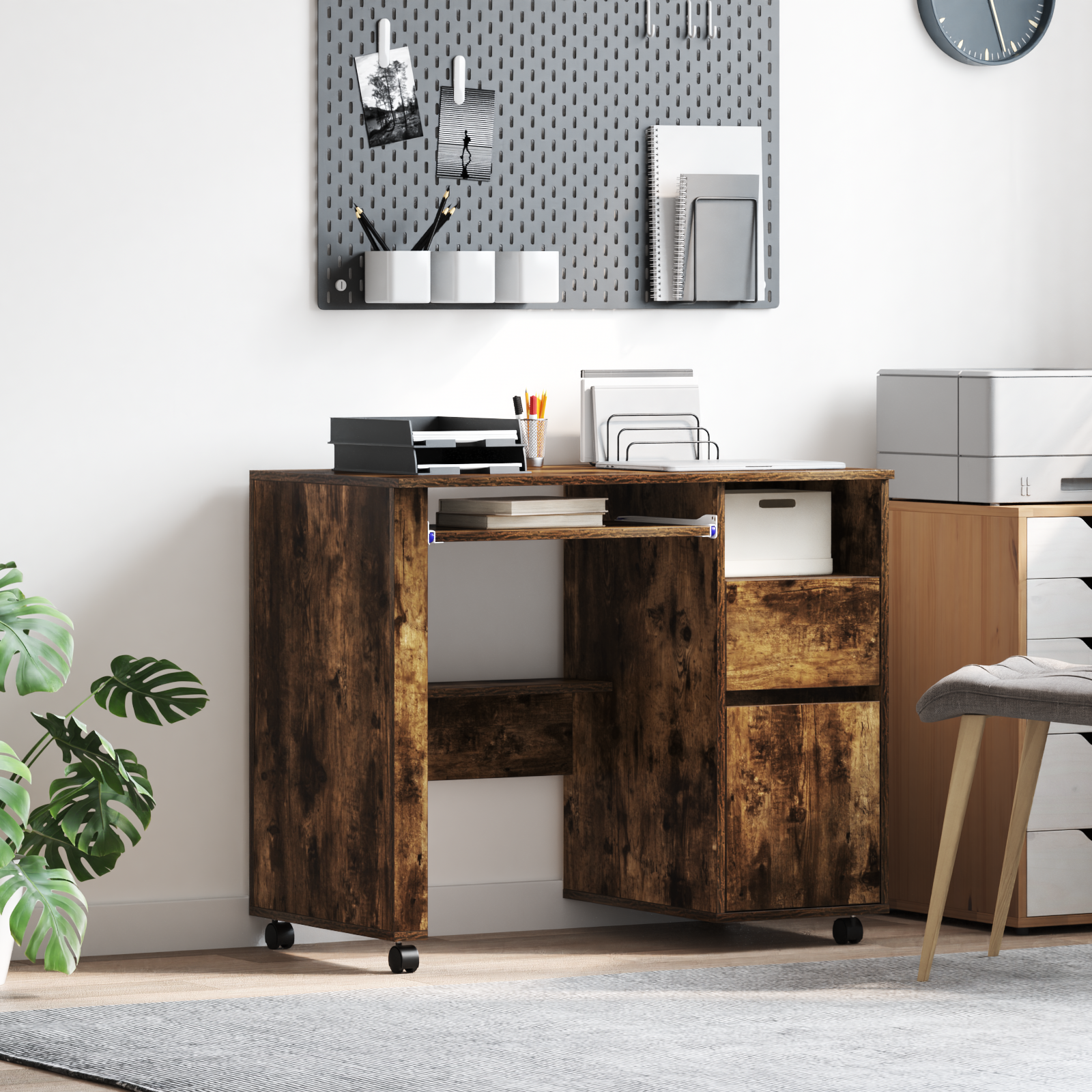 Brown Computer Desk Smoked oak Engineered wood Compact Drawers