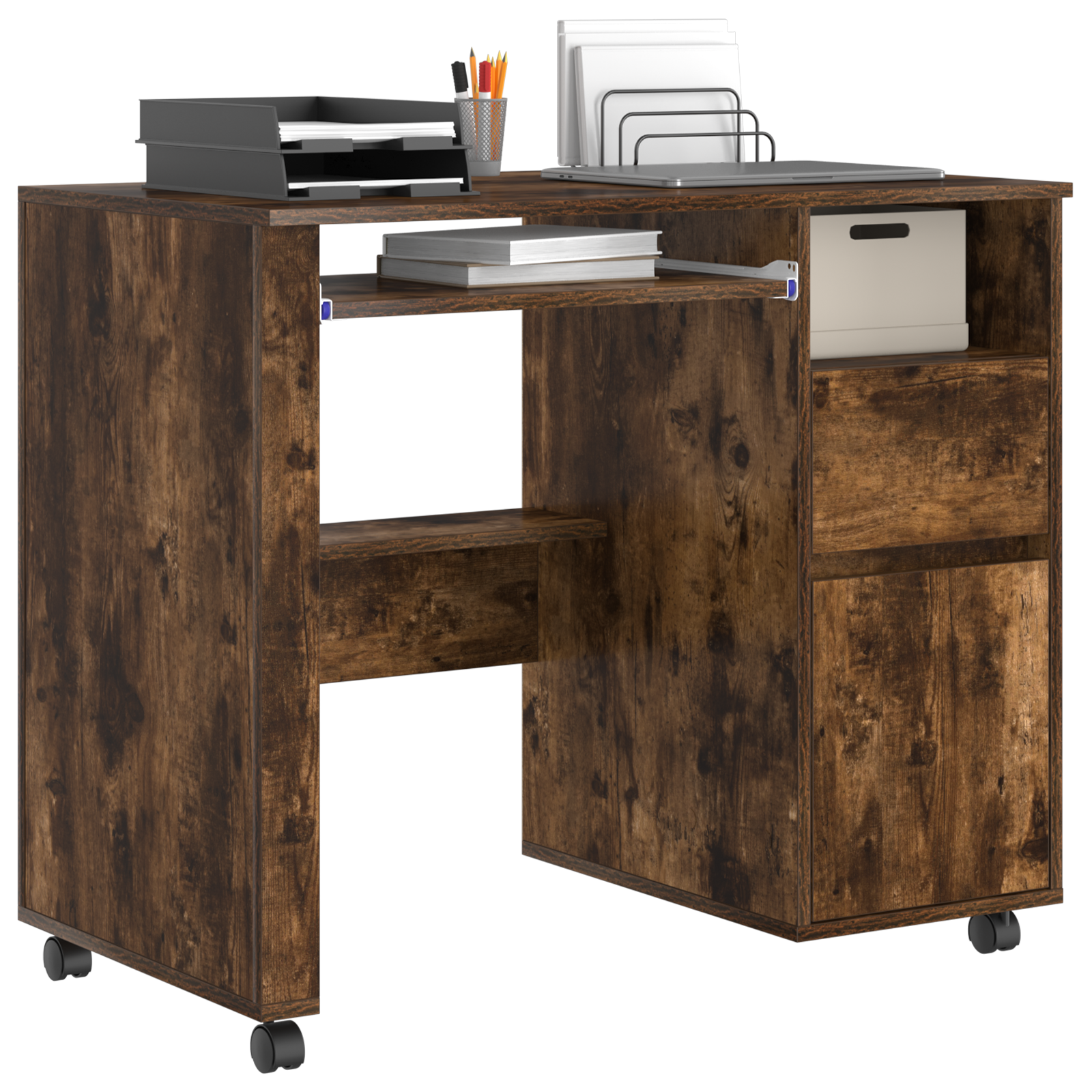 Brown Computer Desk Smoked oak Engineered wood Compact Drawers - Image 3