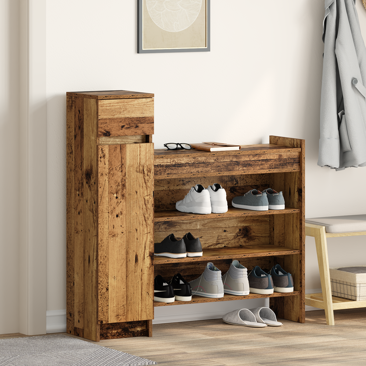 Schoenenkast Oud Hout 100.5x28x100 cm Houtbewerkt