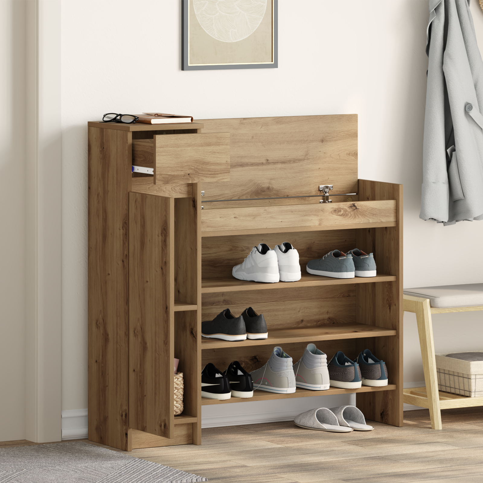 Shoe Cabinet Artisan Oak 100.5x28x100 cm Engineered Wood - Image 4