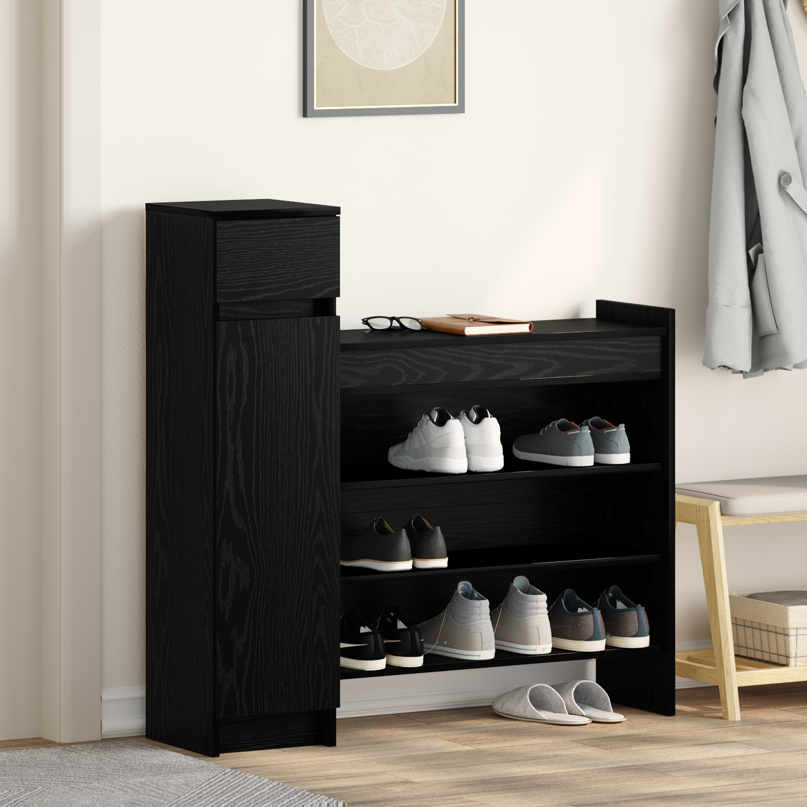 Schoenenkast Zwart Eiken 100.5x28x100 cm Bewerkt Hout