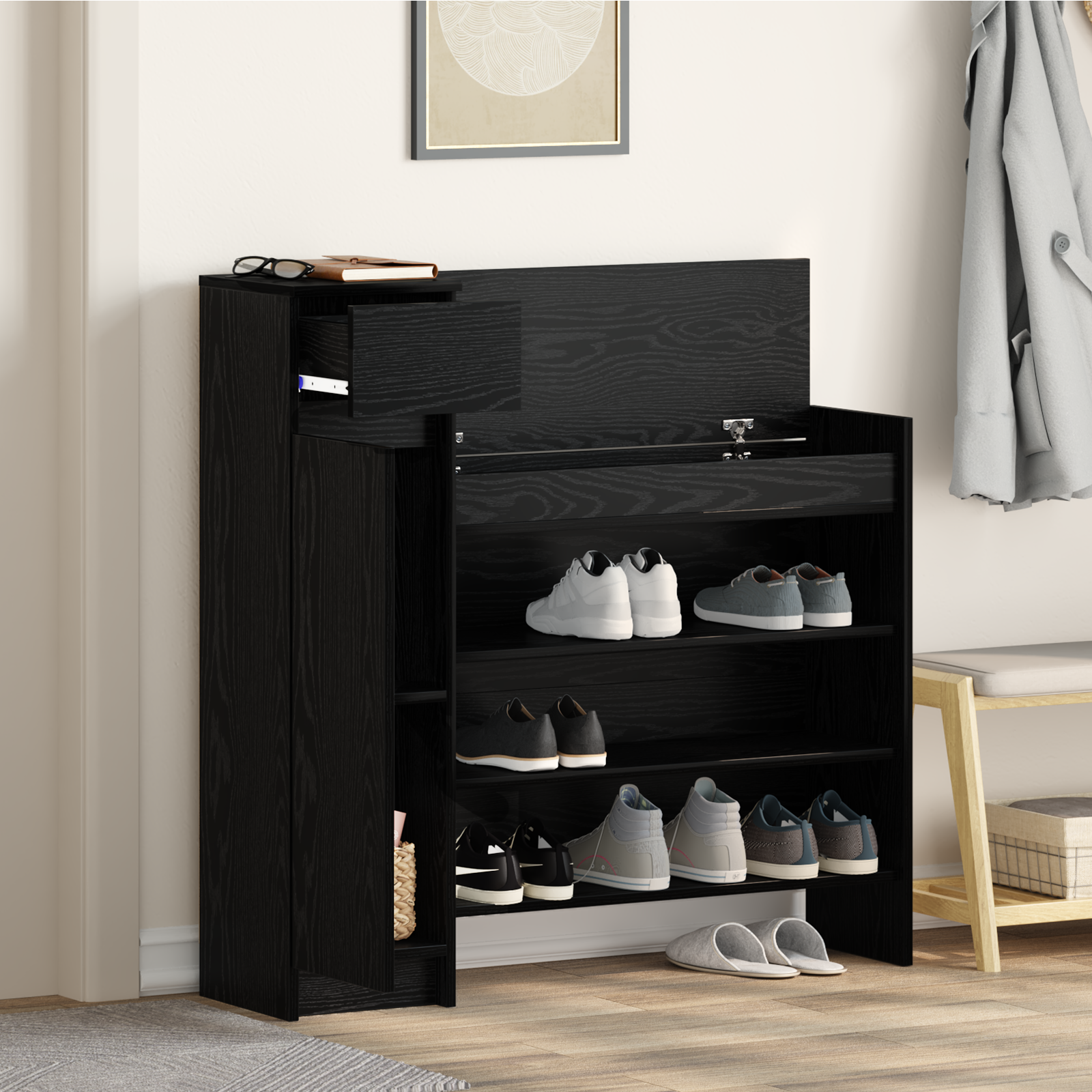 Shoe Cabinet Black Oak 100.5x28x100 cm Engineered Wood - Image 4