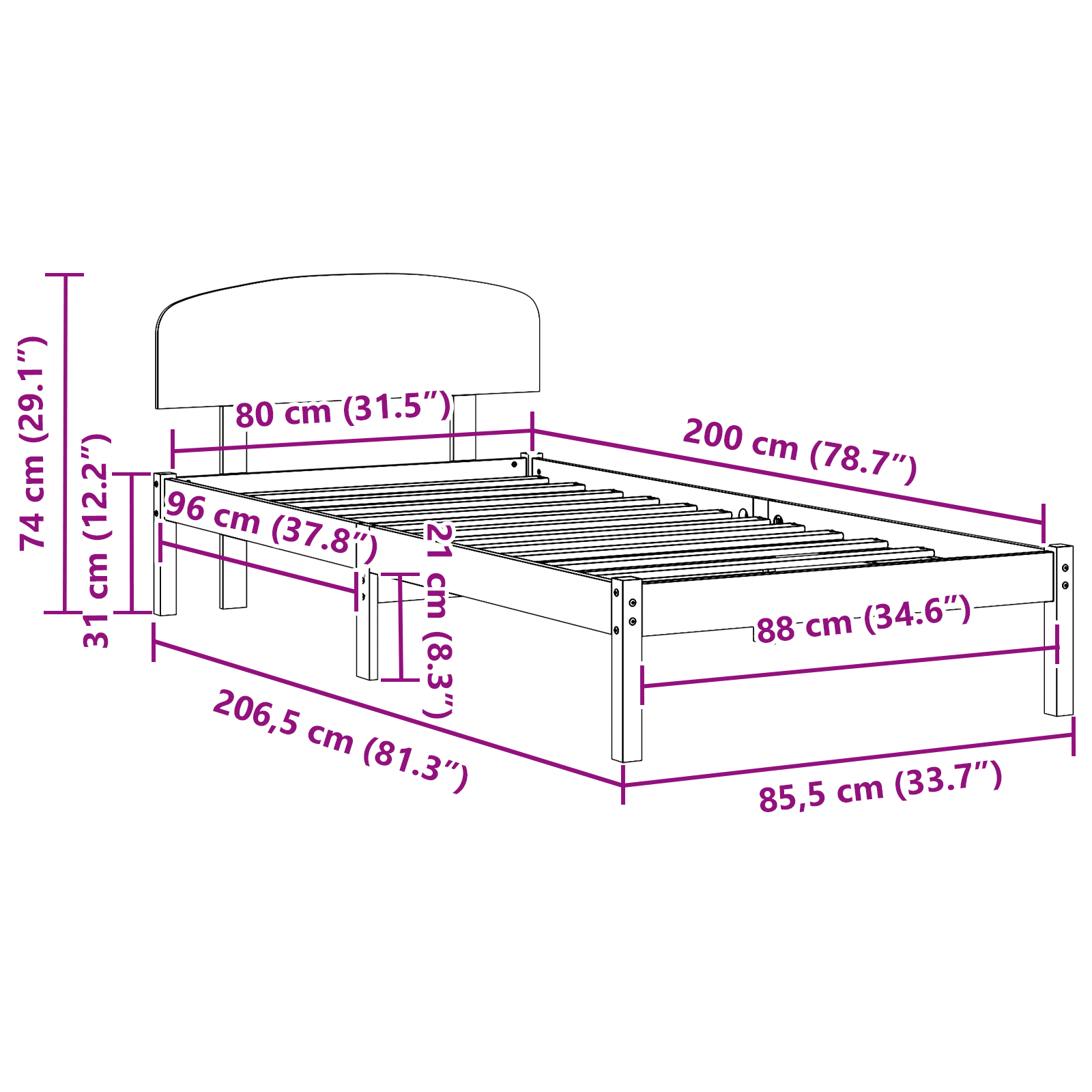 Bedframe met hoofdeinde Wit 80 x 200 cm Massief grenenhout
