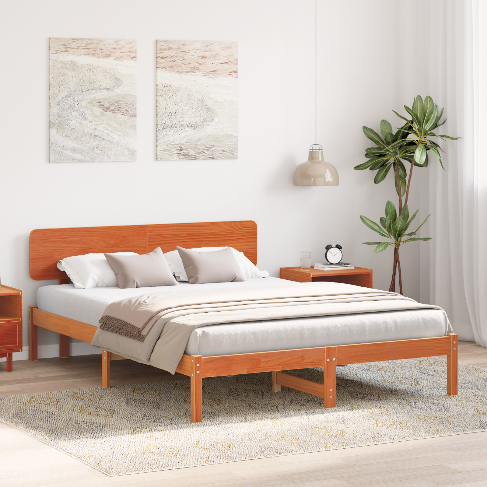 Bed Frame with Headboard Wax Brown 140x200 cm Solid Pine Wood - Image 5