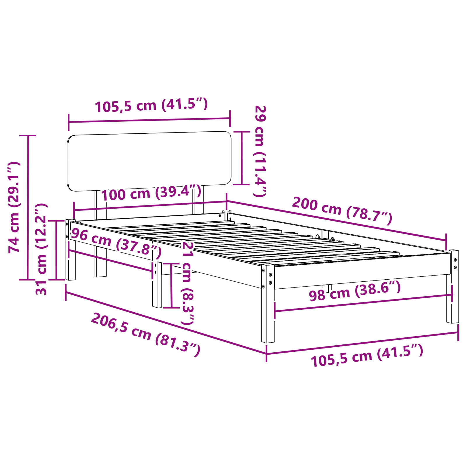 Bed Frame with Headboard White 100x200 cm Solid Pine Wood - Image 11
