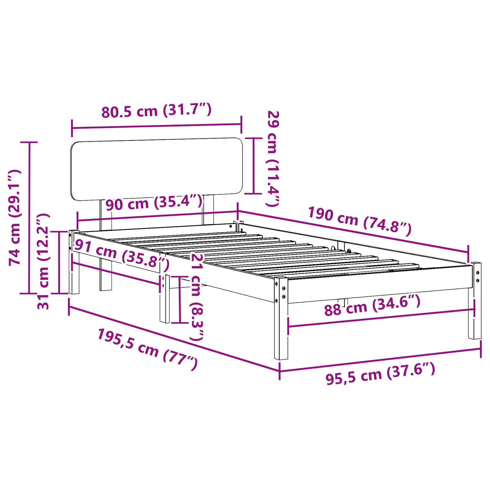 Bed Frame with Headboard Wax Brown 90x190 cm Solid Pine Wood - Image 10