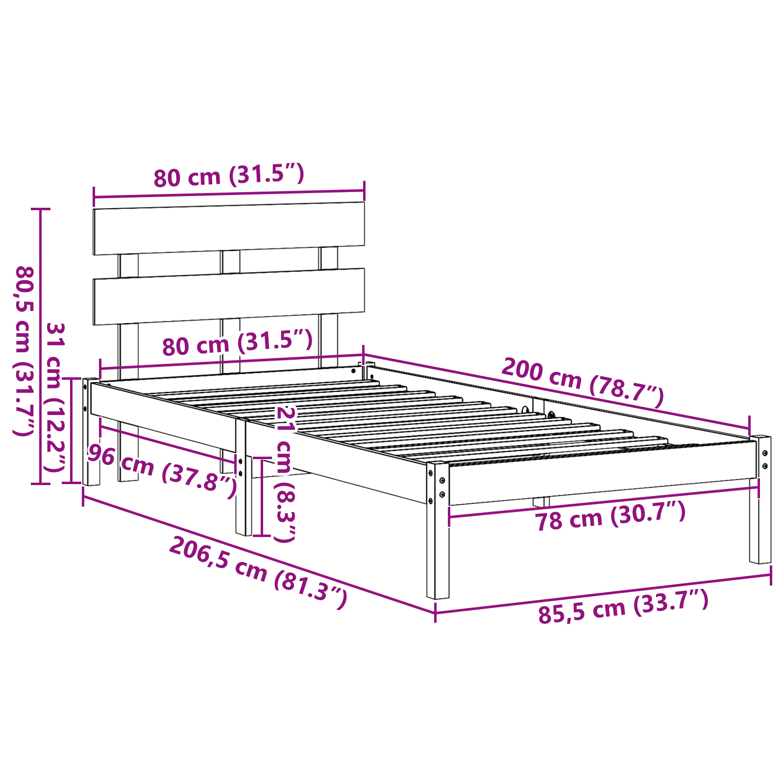 Bedframe met hoofdeinde Bruin 80 x 200 cm Massief grenenhout