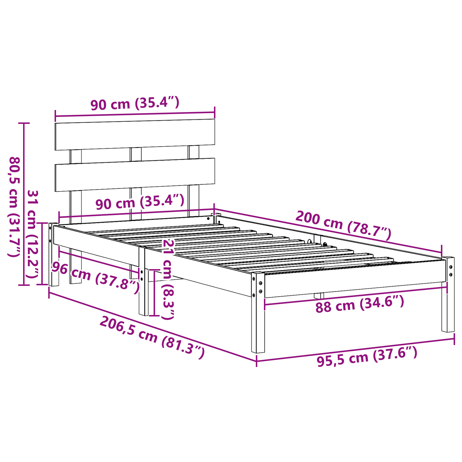 Bedframe met hoofdeinde Wit 90 x 200 cm Massief grenenhout