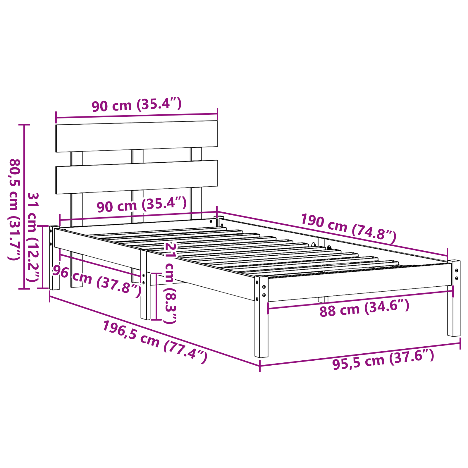 Bedframe met hoofdeinde Bruin 90 x 190 cm Massief grenenhout image 11