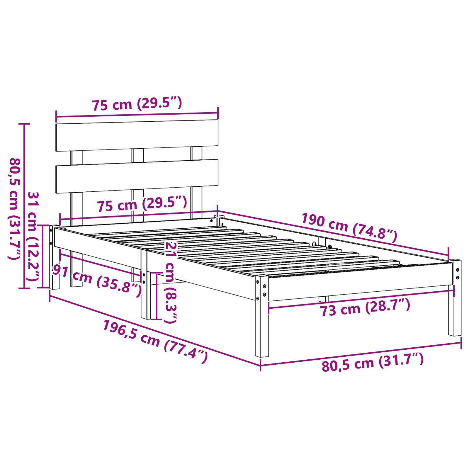 Bedframe met hoofdeinde Wit 75 x 190 cm Massief grenenhout image 10