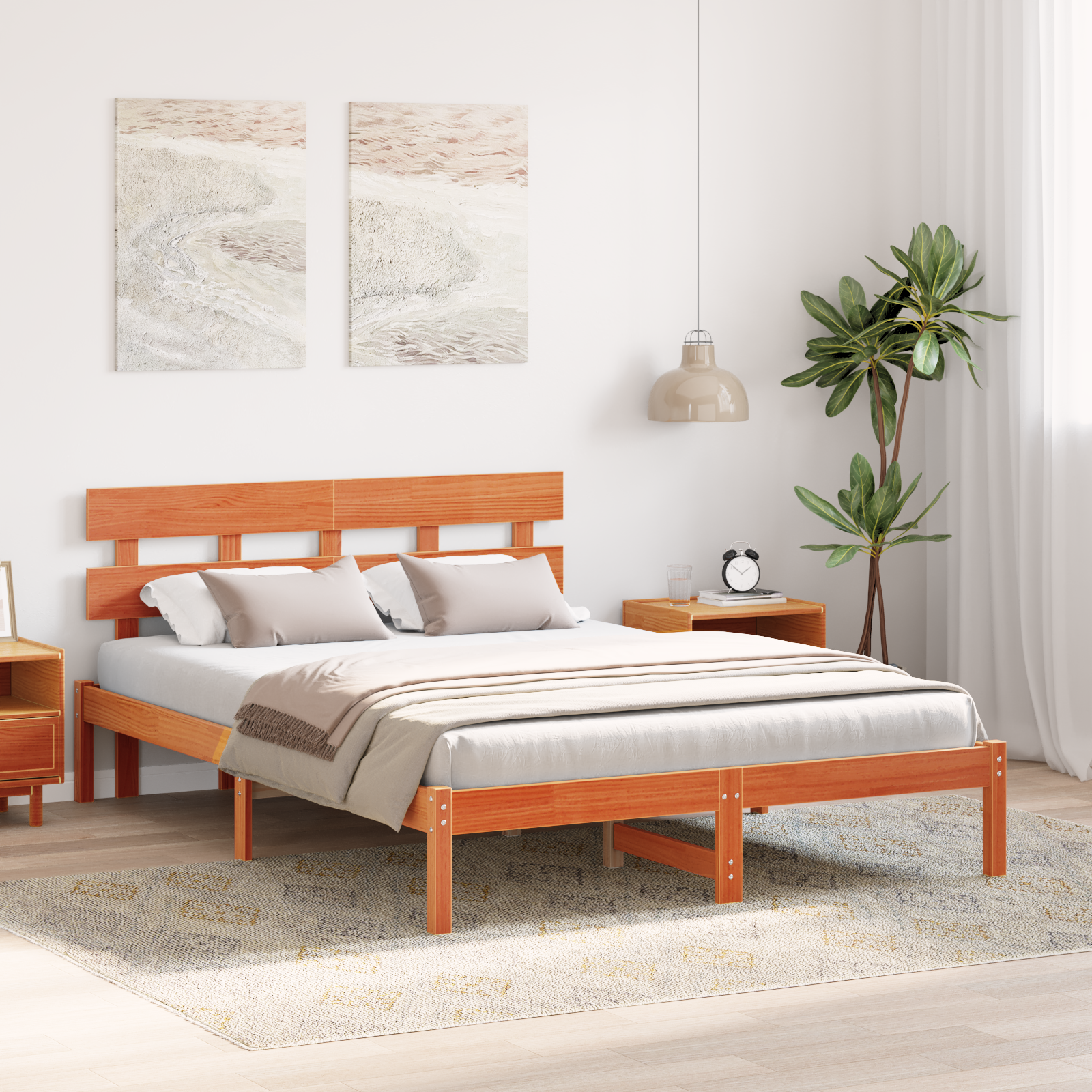 Bed Frame with Headboard Wax Brown 160x200 cm Solid Wood Pine - Image 5