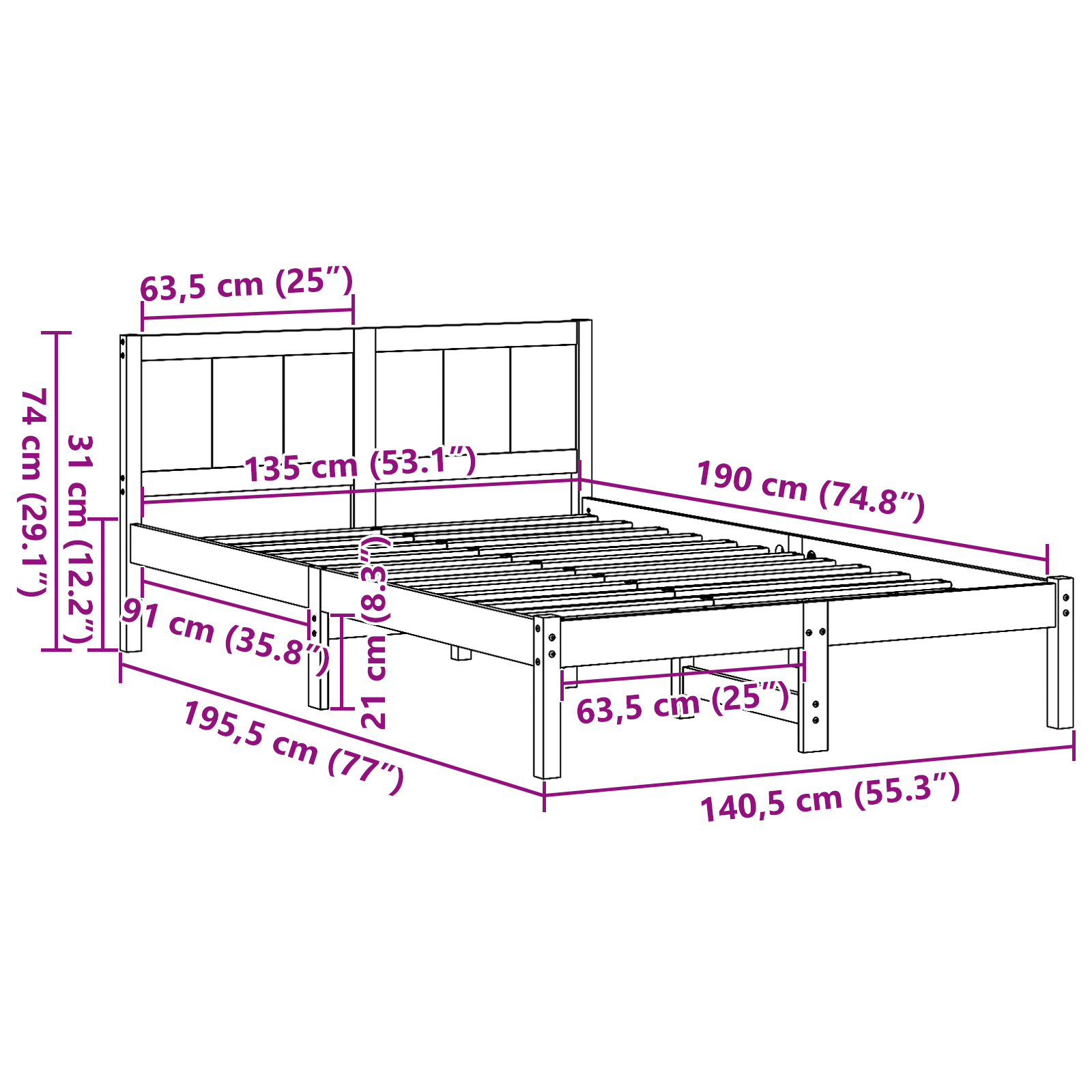 Pine Wood Bed Frame Natural Pine wood 135 x 190 cm Wood Bed Frame - Image 10