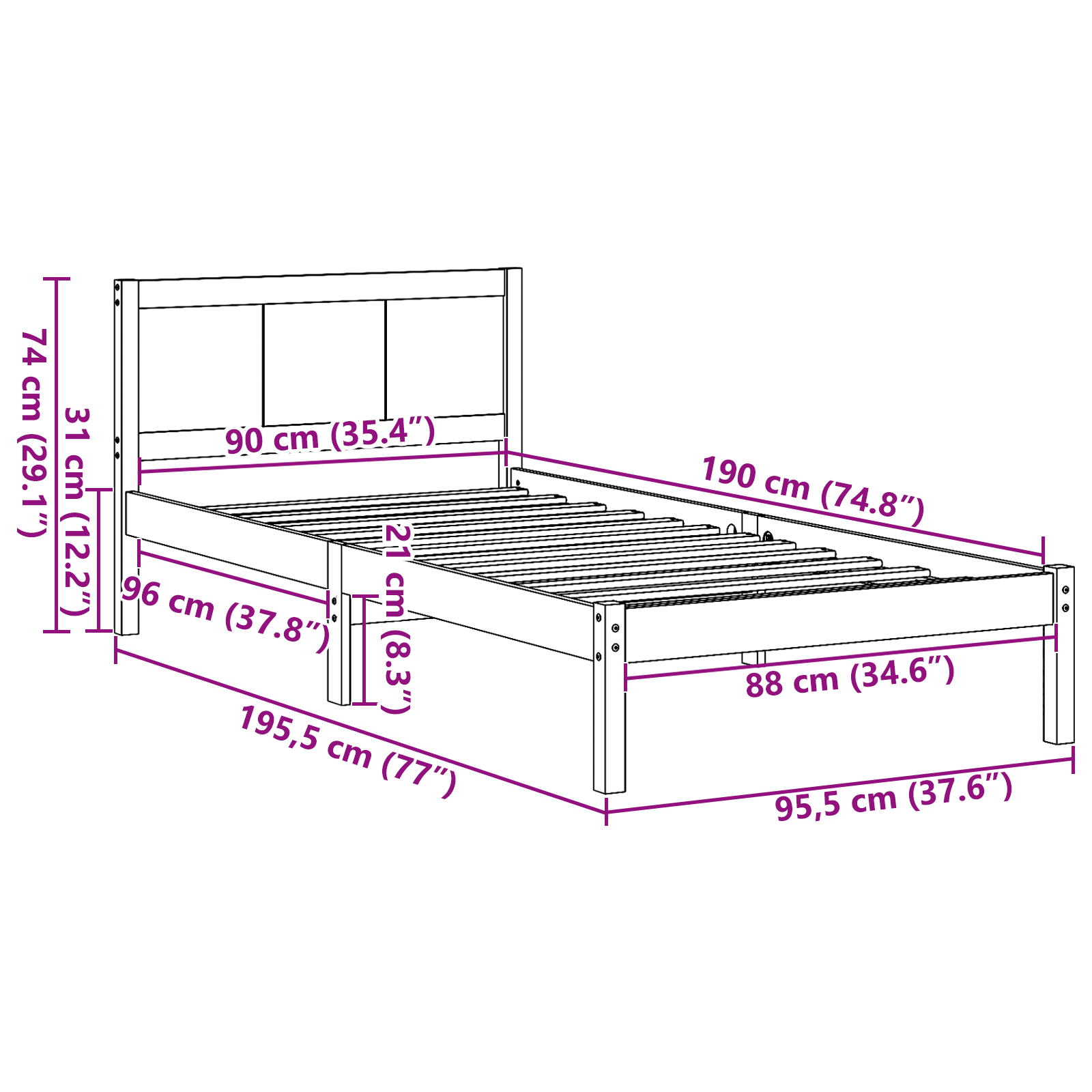 Wax Brown Bed Frame Wax brown Solid Pine wood 90 x 190 cm Durable - Image 10