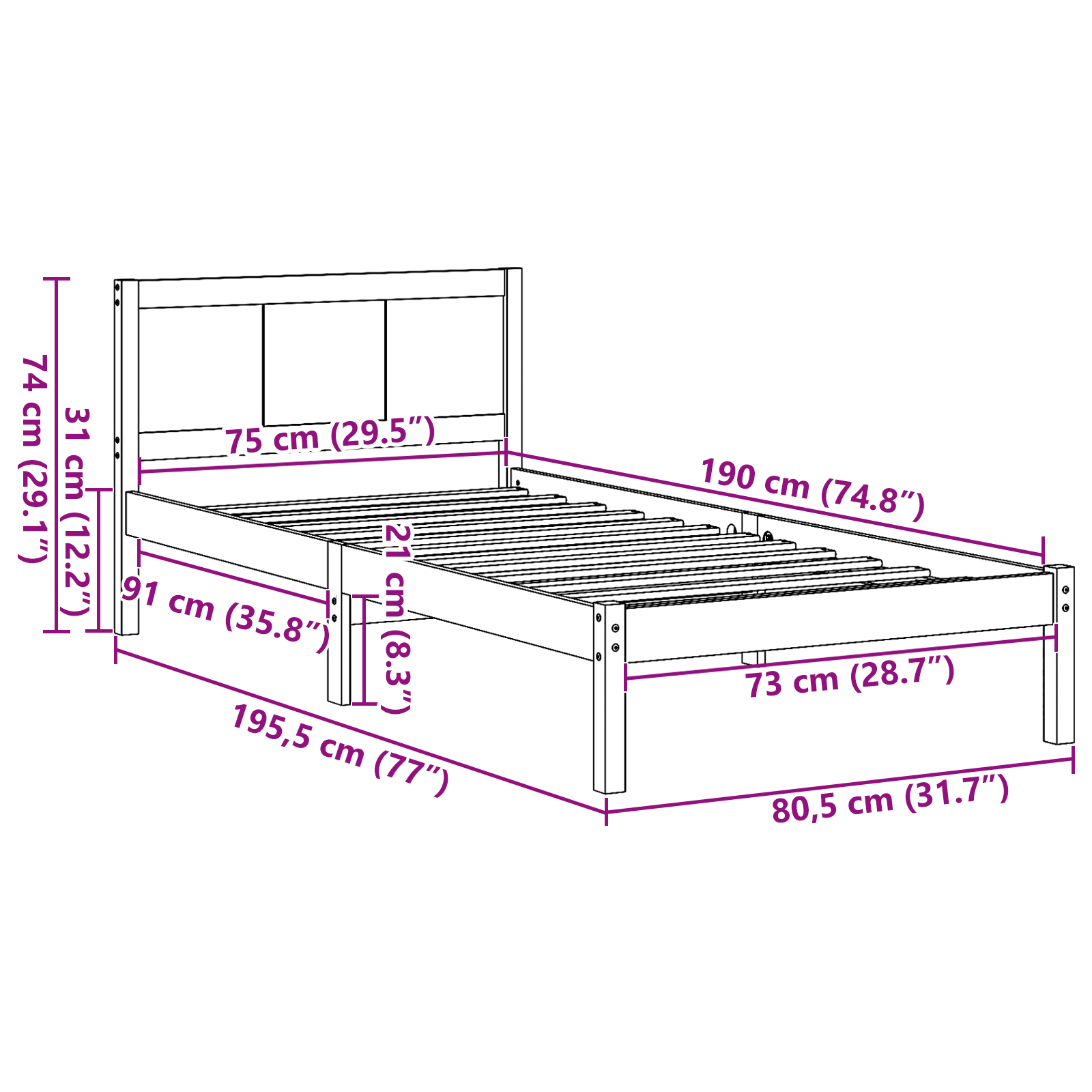 White Pine Bed Frame White Wood 75 x 190 cm Durable - Image 10