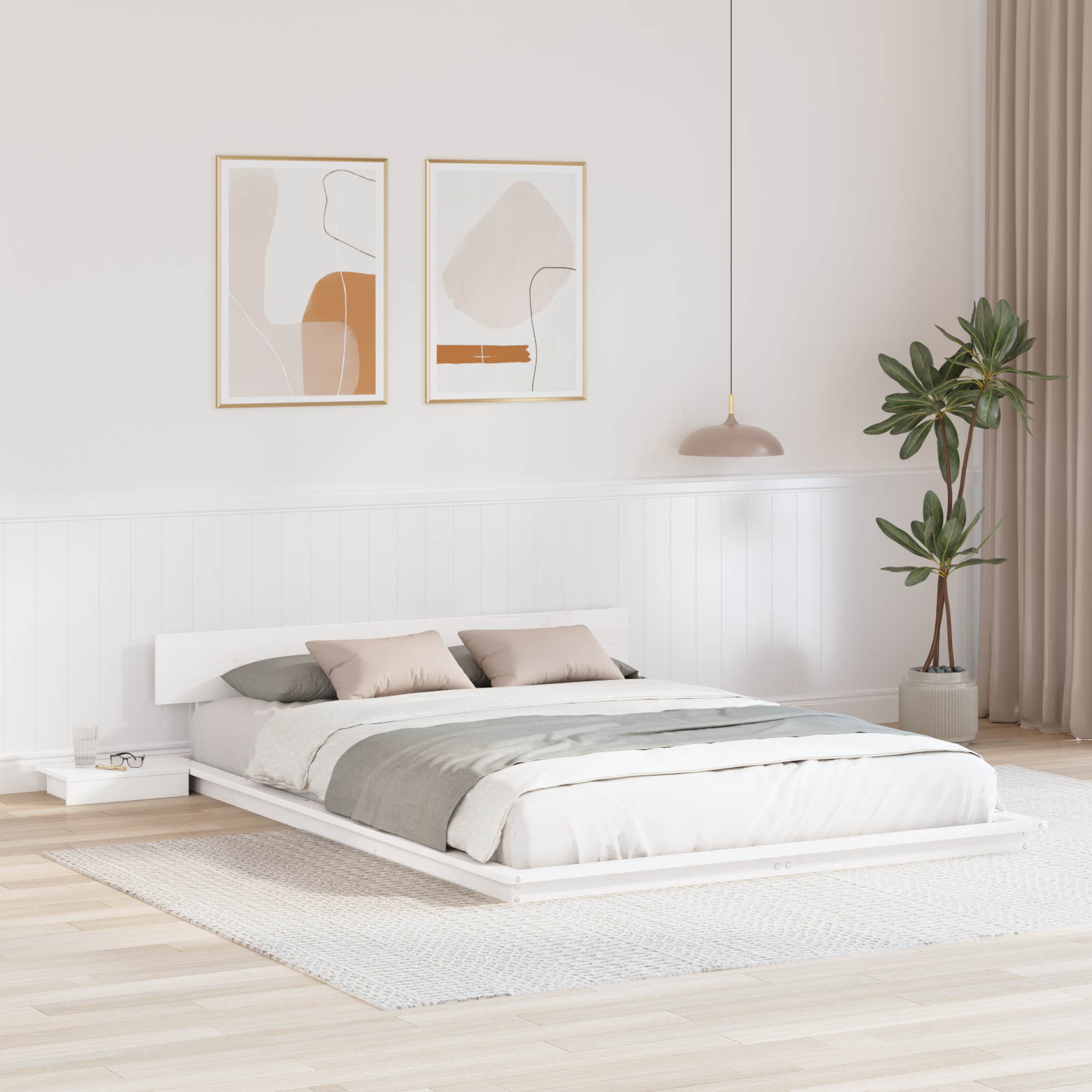 Vloerbedframe met Nachtkastjes Wit 140x200cm Massief Hout