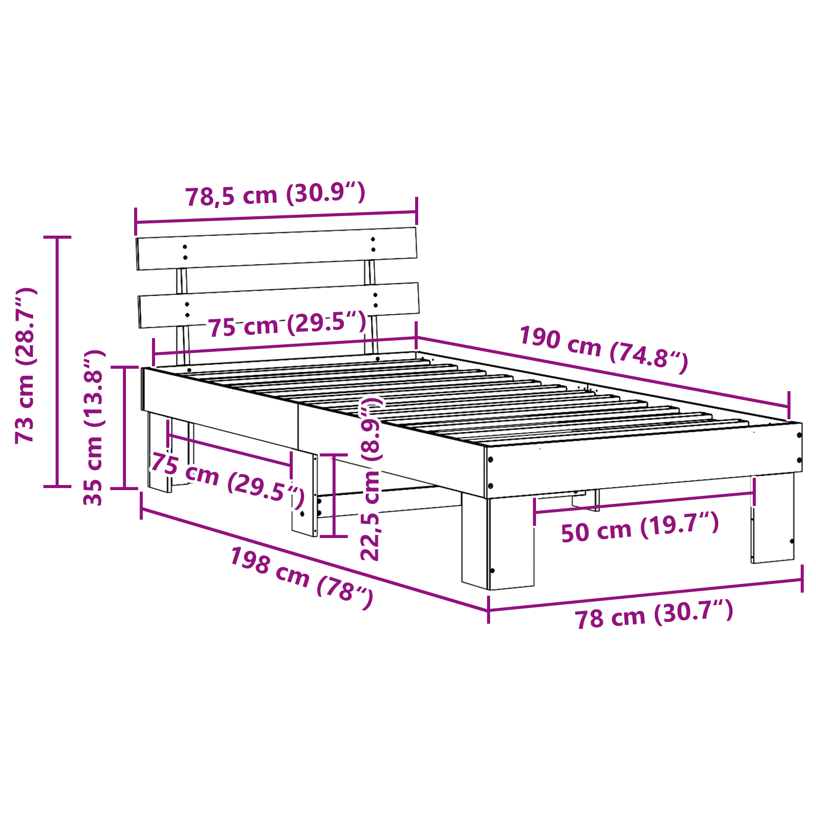 Bed Frame with Headboard White 75x190 cm Solid Wood Pine - Image 10