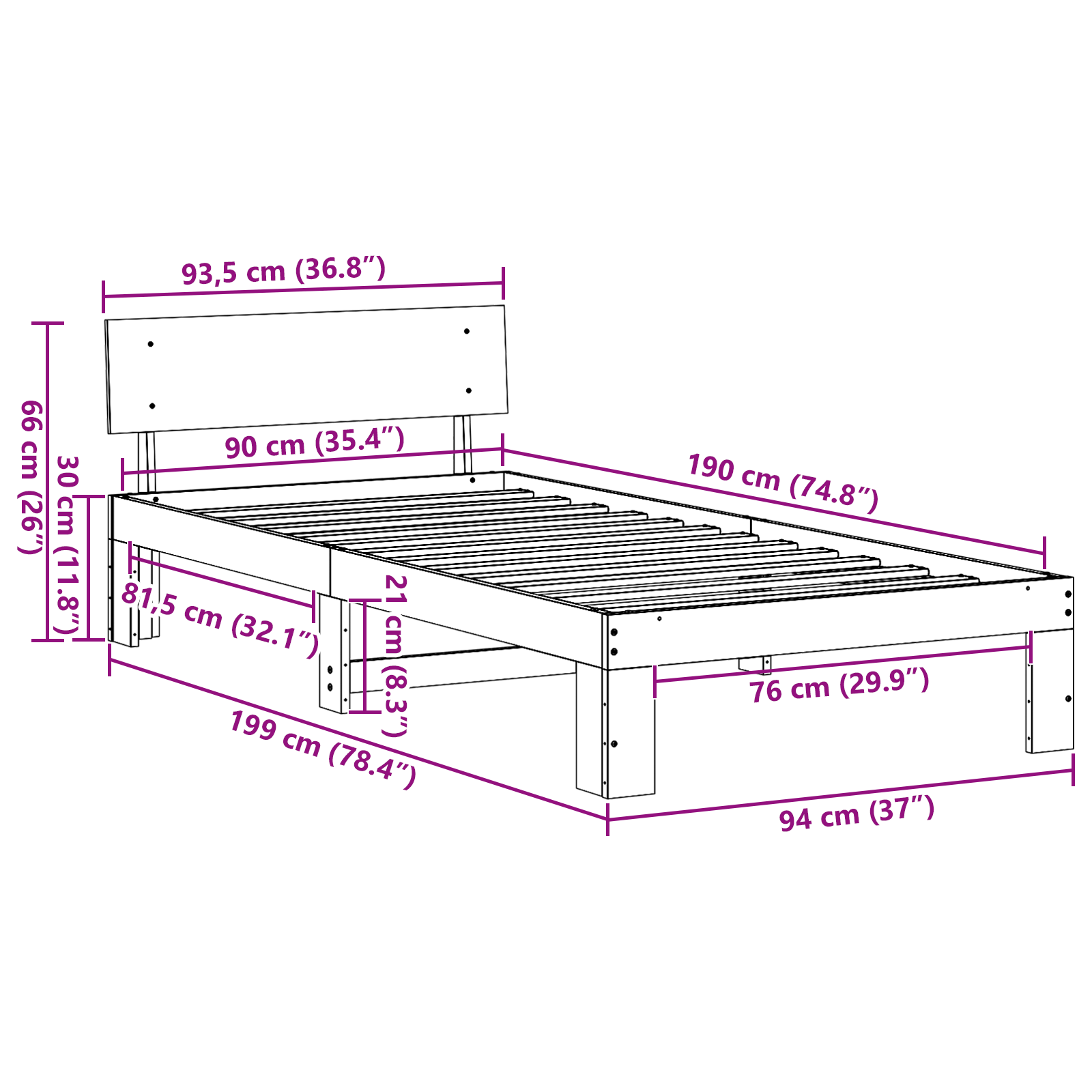 Bed Frame with Headboard Wax Brown 90x190 cm Solid Pine Wood - Image 10