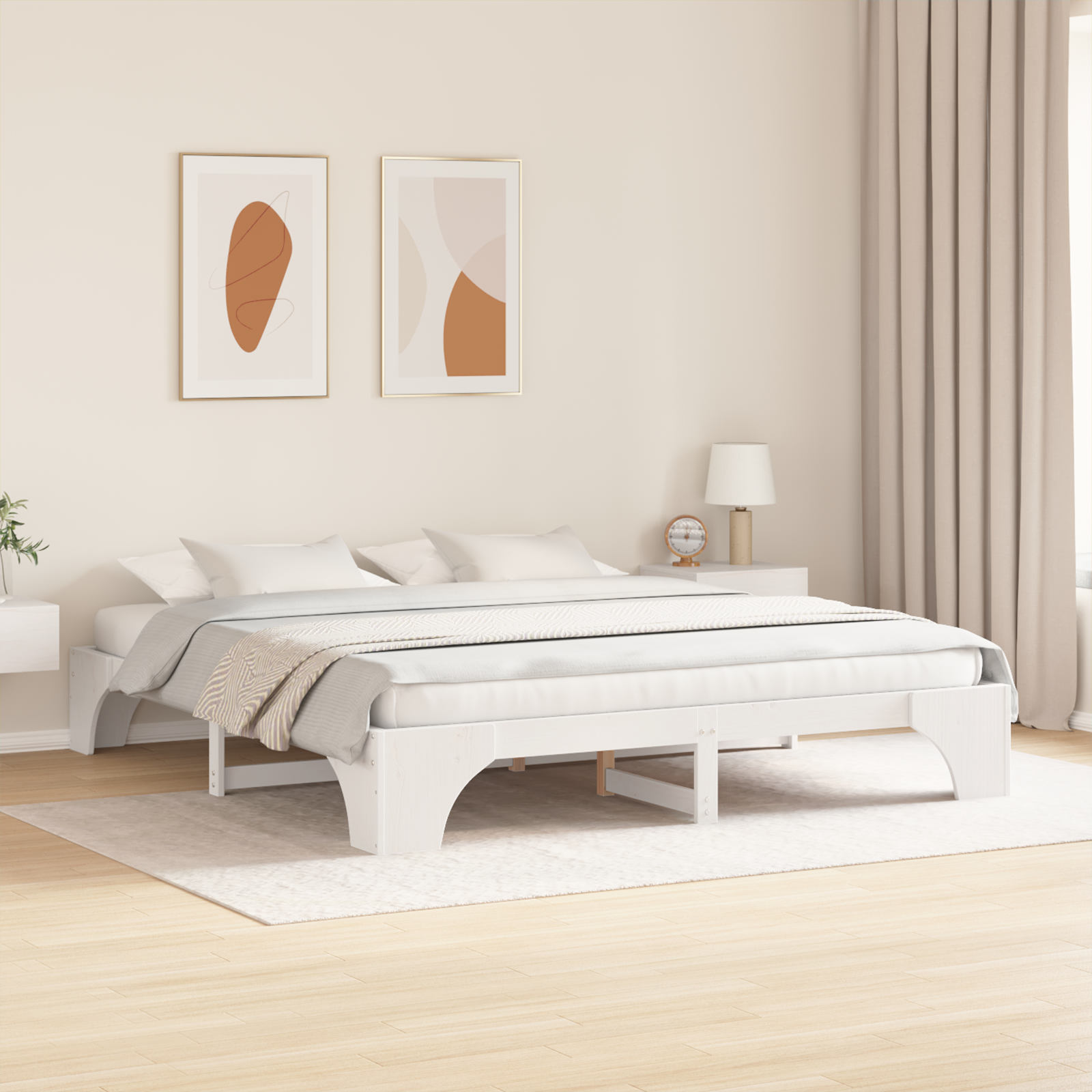 Bed Frame White Solid wood 200 x 200 cm Simplistic Bed Frame - Image 5
