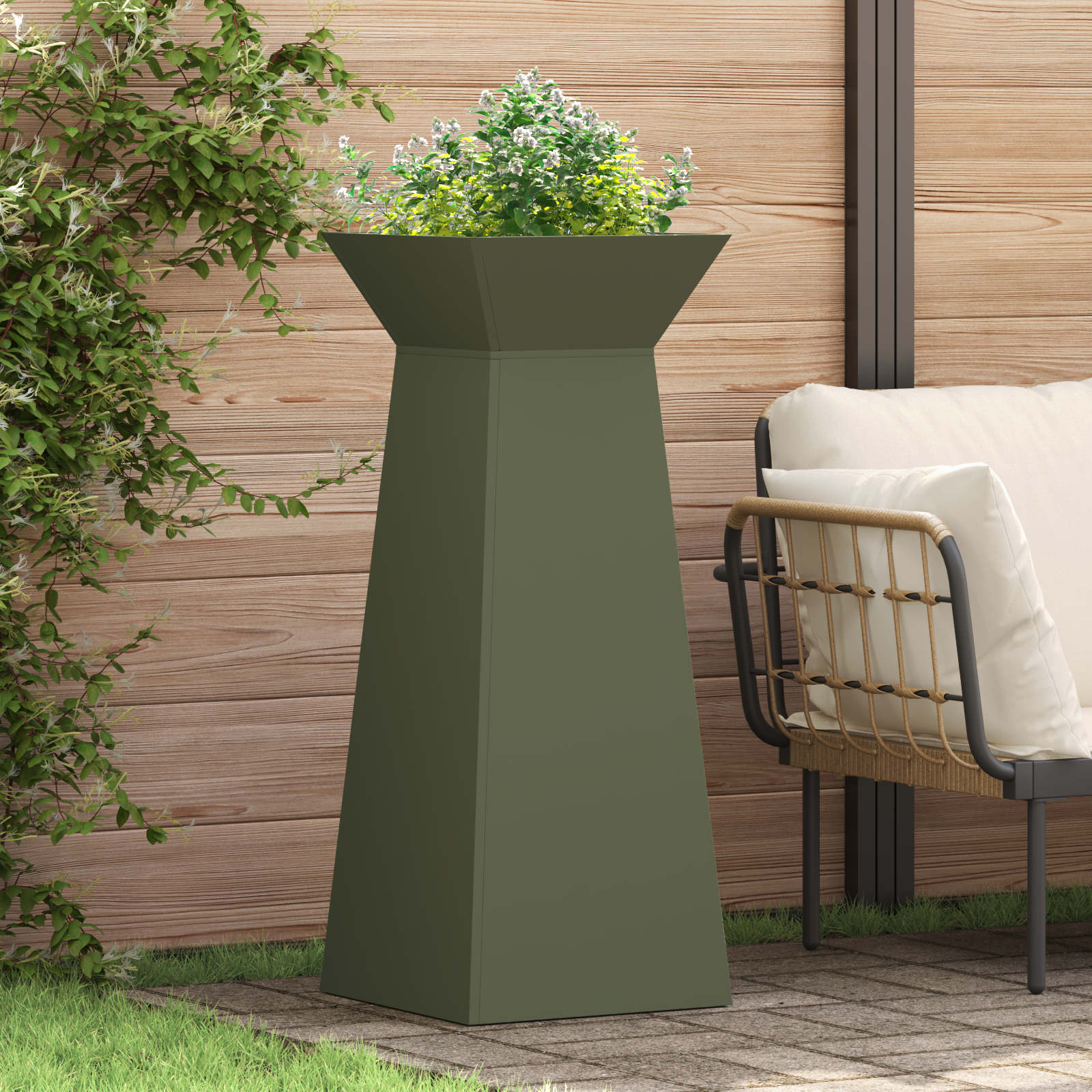 Tuinpilaar Plantenbak met Kom Olijfgroen 40x40x100 cm Staal